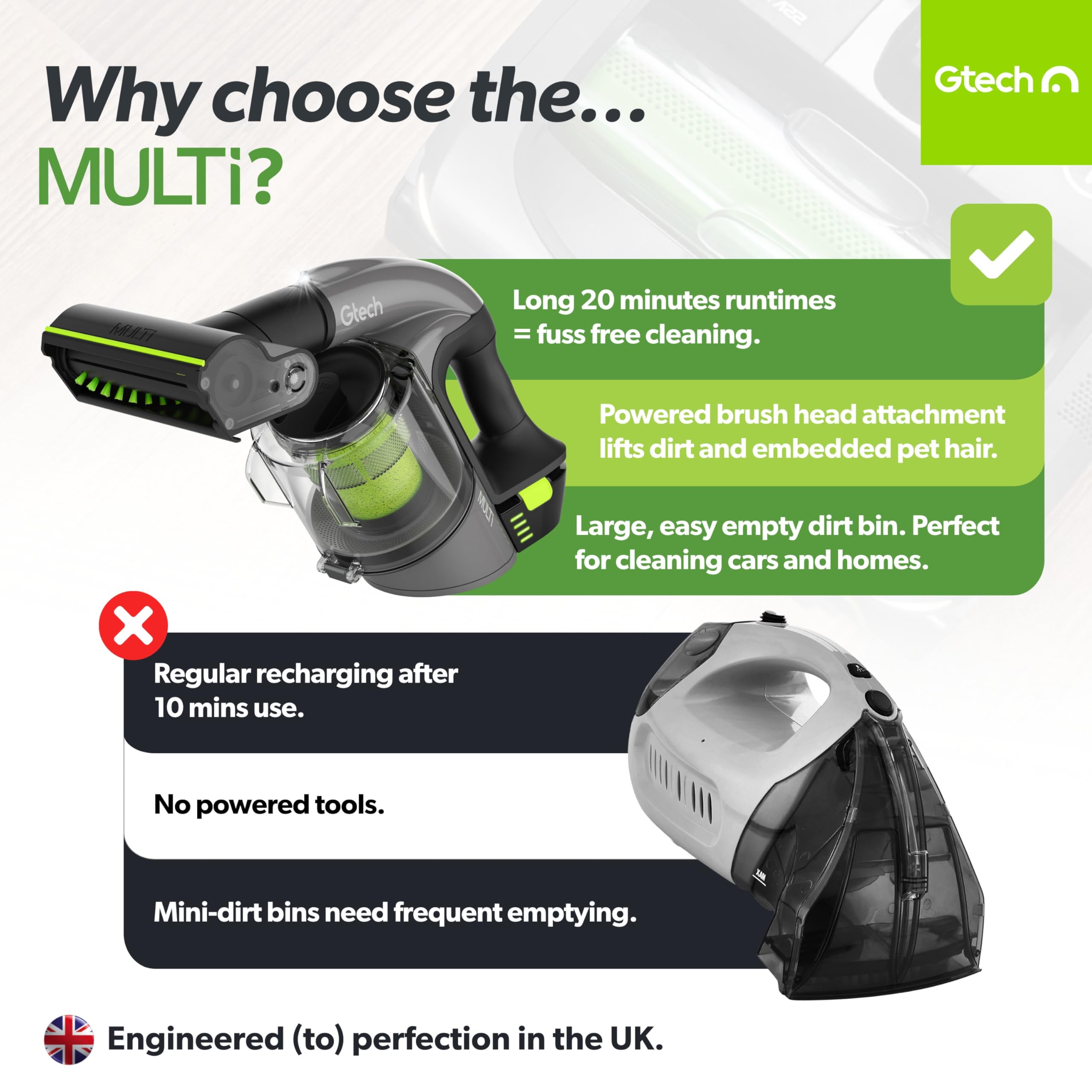 Gtech Multi Mk2 Cordless Handheld Vacuum Cleaner With Powered Brush Bar   Mulitple Attachments   Perfect For Home, Stairs, Cars,