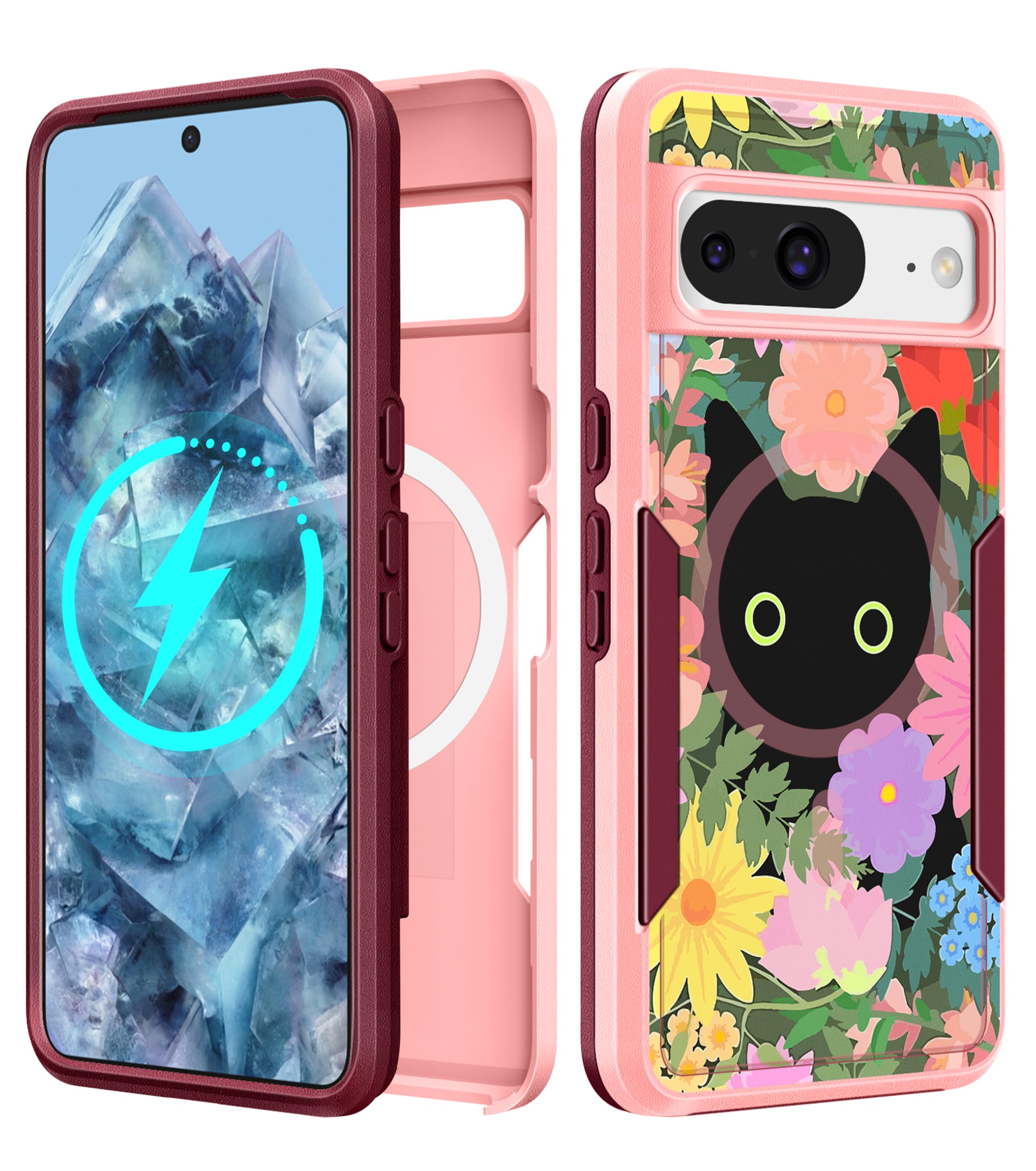 LISEVO for Google Pixel 8 Case 6.2 Inch - Compatible with MagSafe Women Girls Cute Magnetic Protective Cover Girly Cat Flower Fl