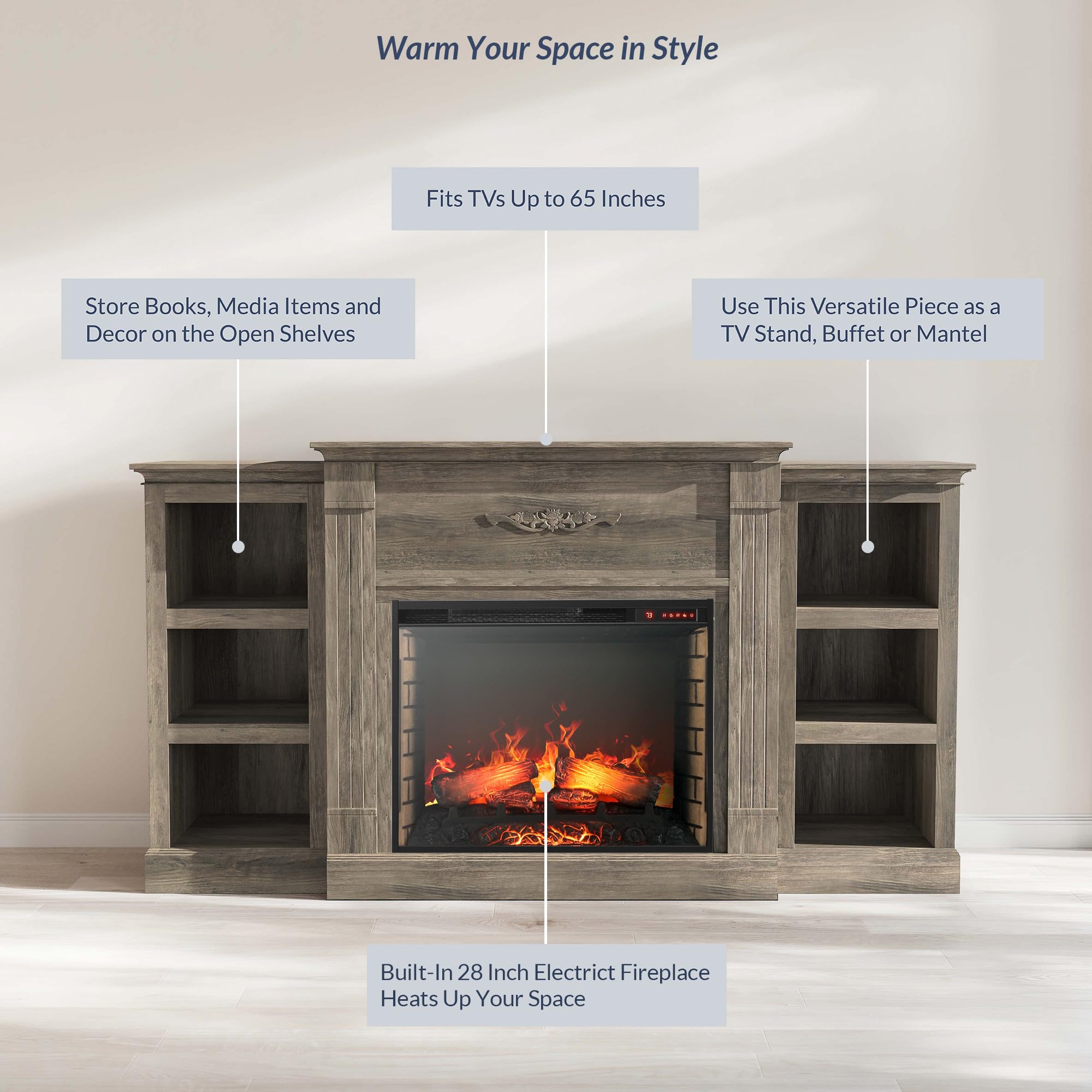 Belleze Modern 70 Electric Fireplace Heater Mantel Tv Stand & Media Entertainment Center For Tvs Up To 68 With Energy-Efficient