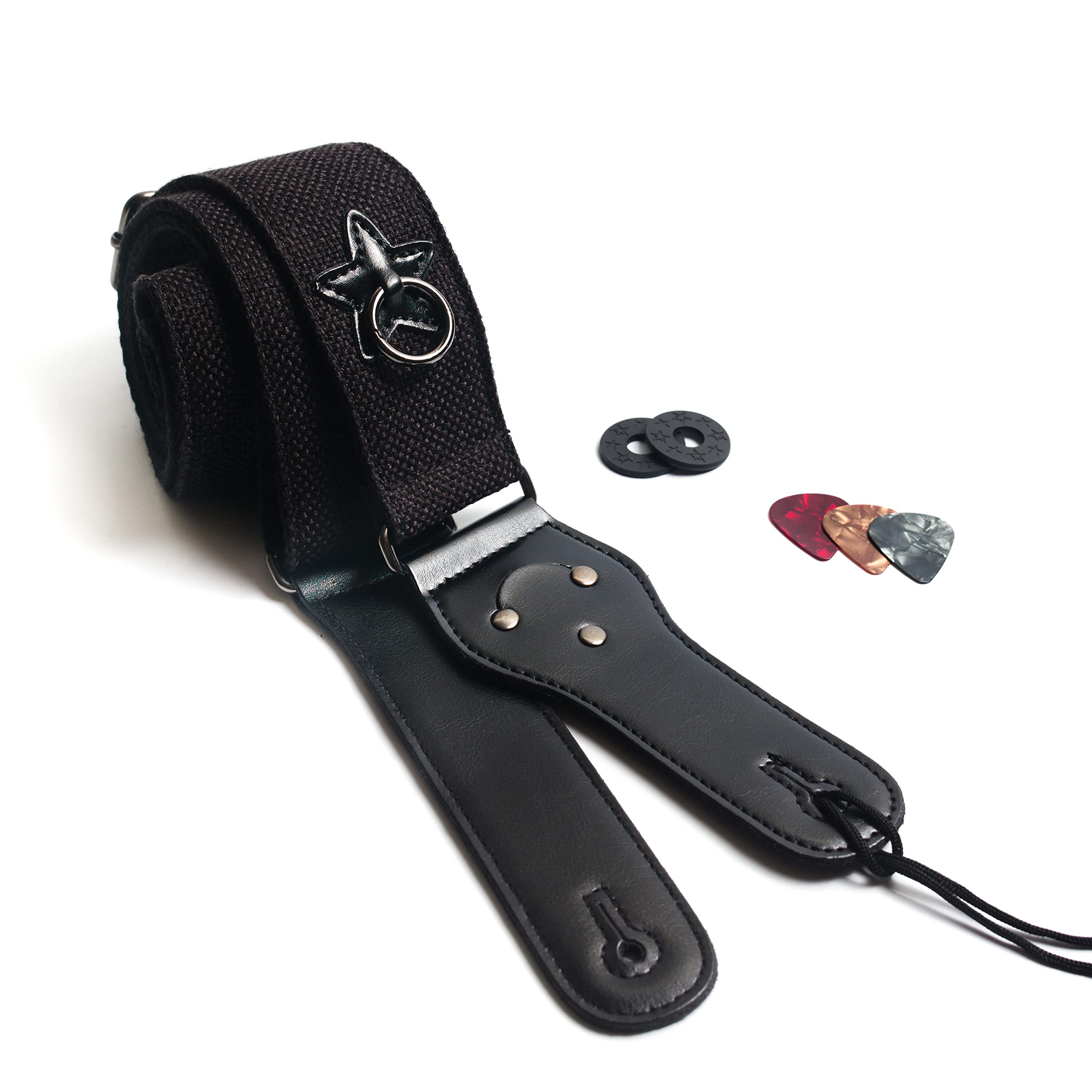 Basic Woven Guitar Strap with Star Patch, Picks and Strap Locks Included (Black), LMR00_030, One Size