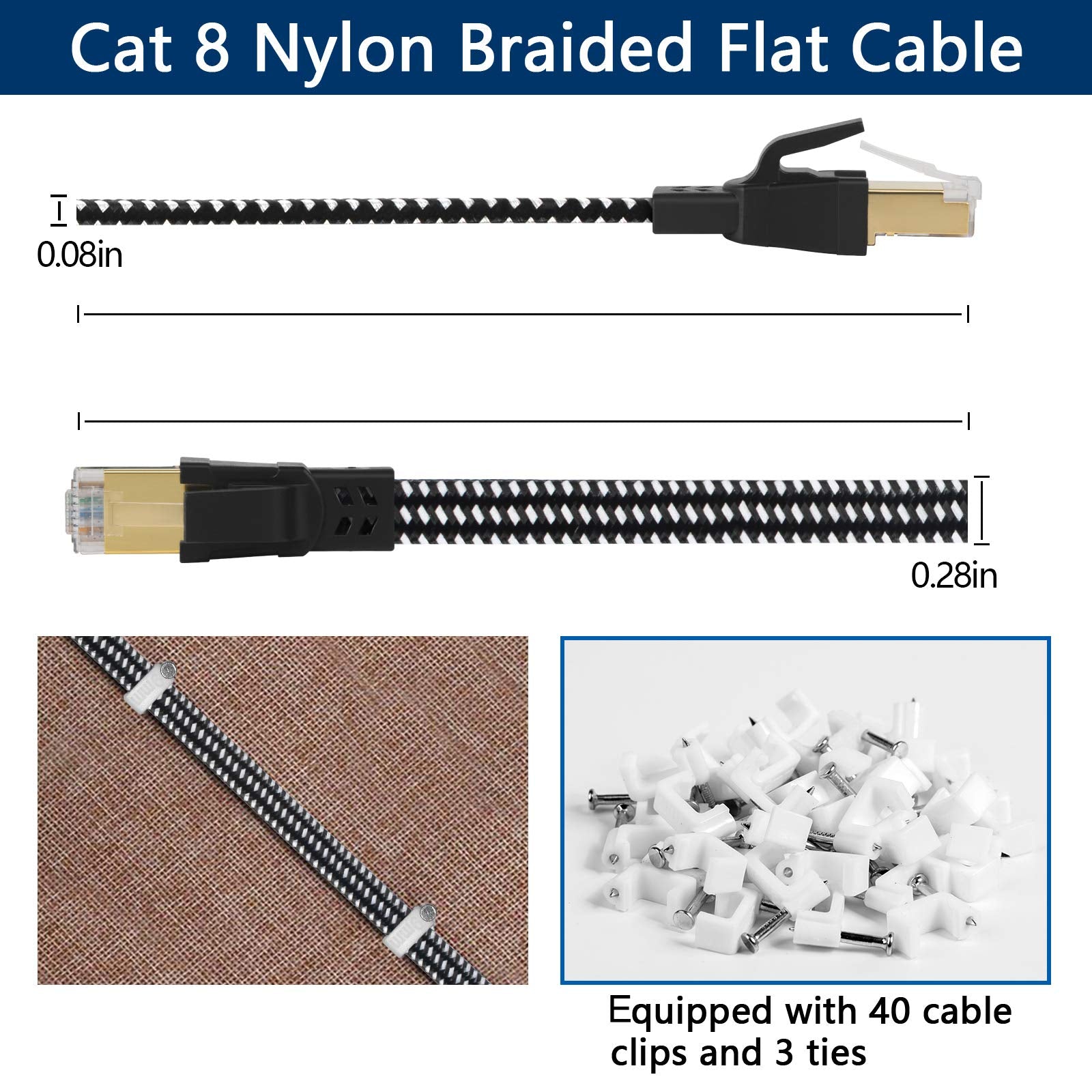 Deego Cat 8 Ethernet Cable 50 Ft, Nylon Braided High Speed Flat Network Cable Shielded With Gold Plated Rj45 Connector, 30Awg La