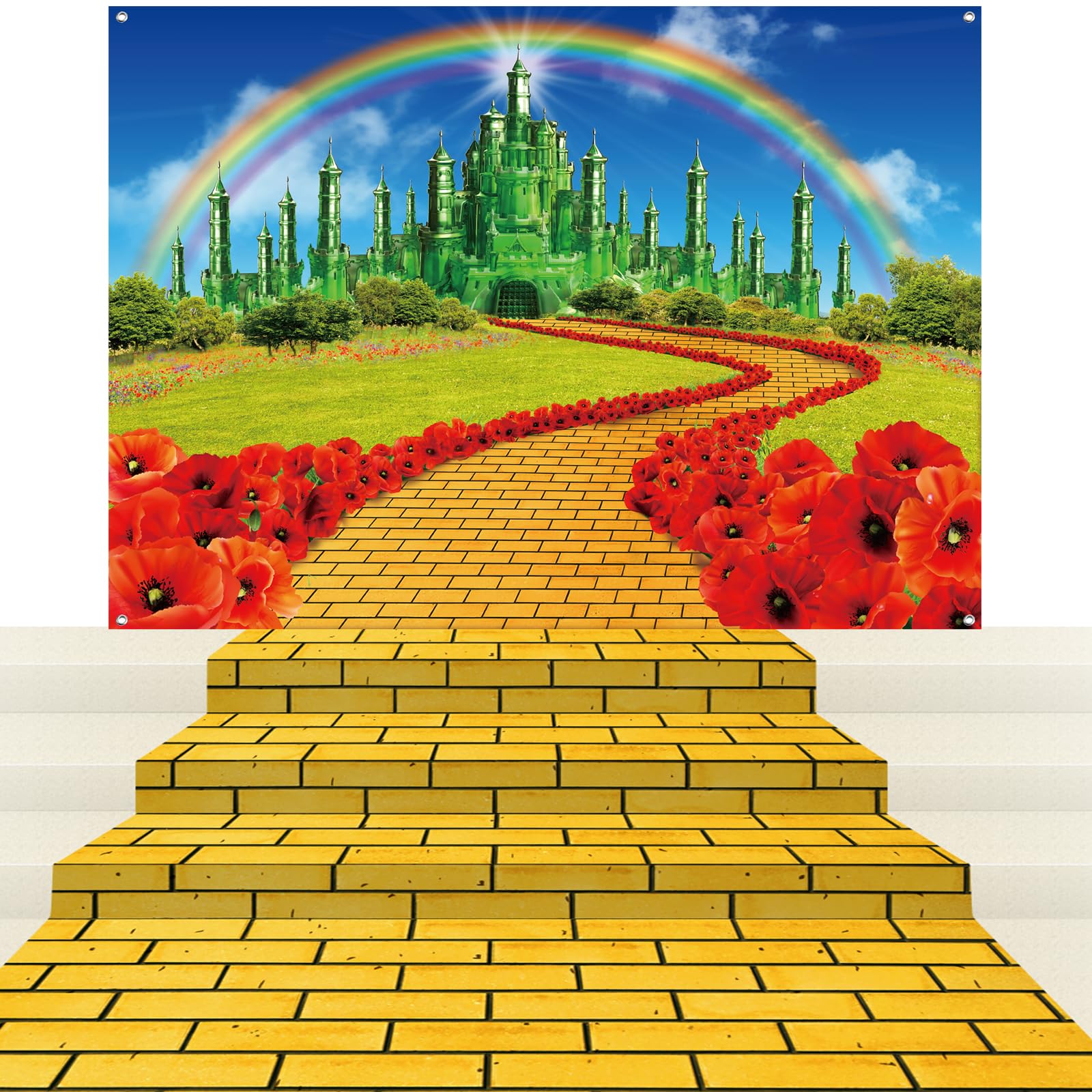 4Pack Yellow Brick Road Runner And Emerald Castle Backdrop For Wizard Party Decorations,Yellow Brick Stone Road Leading Emerald
