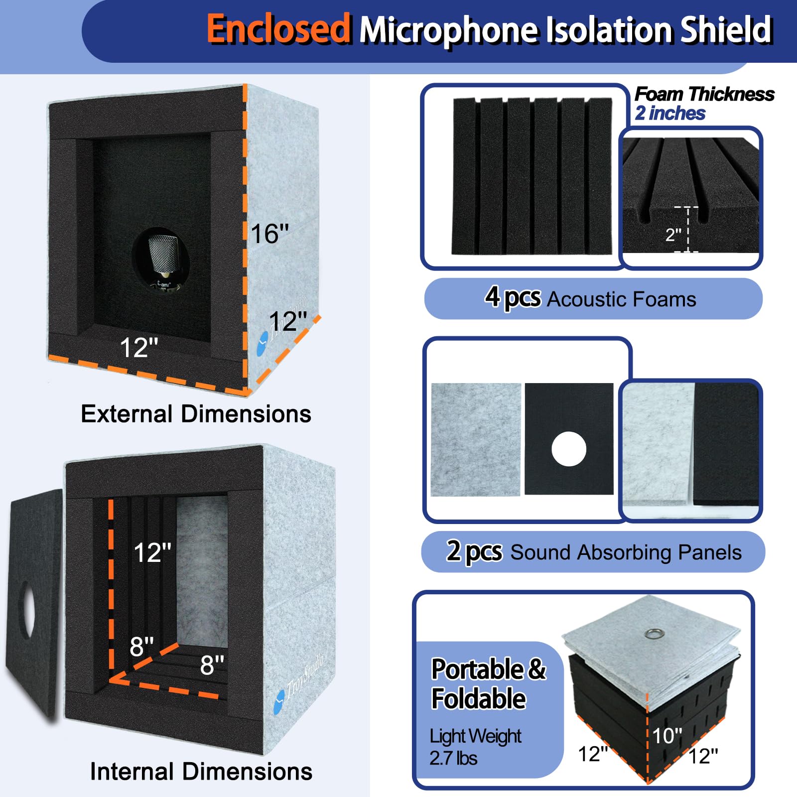 Troystudio Enclosed Vocal Booth, Portable Microphone Isolation Shield, Foldable Reflection Filter With Acoustic Foam & Panels, R