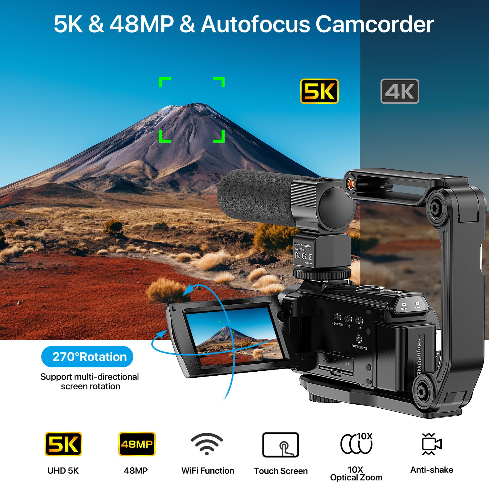 Fjfjopk 5K Video Camera Camcorder, 10X Optical Zoom 48Mp Uhd 30Fps Vlogging Camera For Youtube, Photography Recorder Camera With