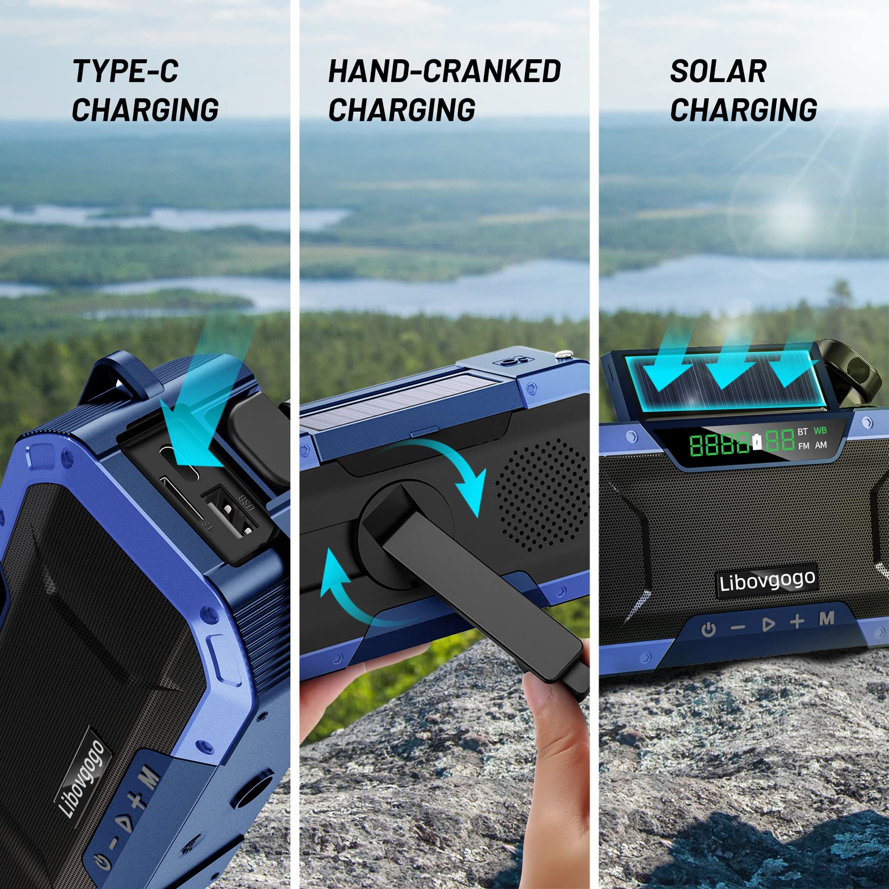 Emergency Radio Waterproof Bluetooth Speaker,Portable Digital Am Fm Radio With Flashlight,Reading Lamp,Hand Crank Noaa Weather R