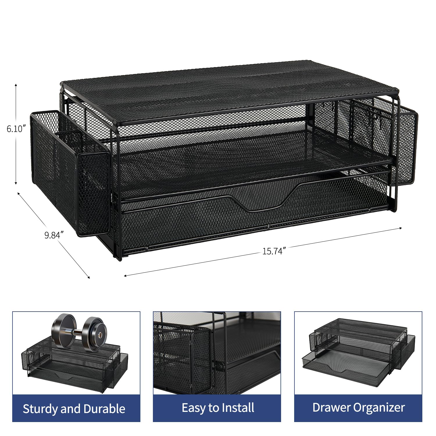 AUPSEN 2 Tier Metal Monitor Stand with Drawer & Pencil Holders, Black - AU-2Tier-Black, Desk Organizer for Laptop & Printer