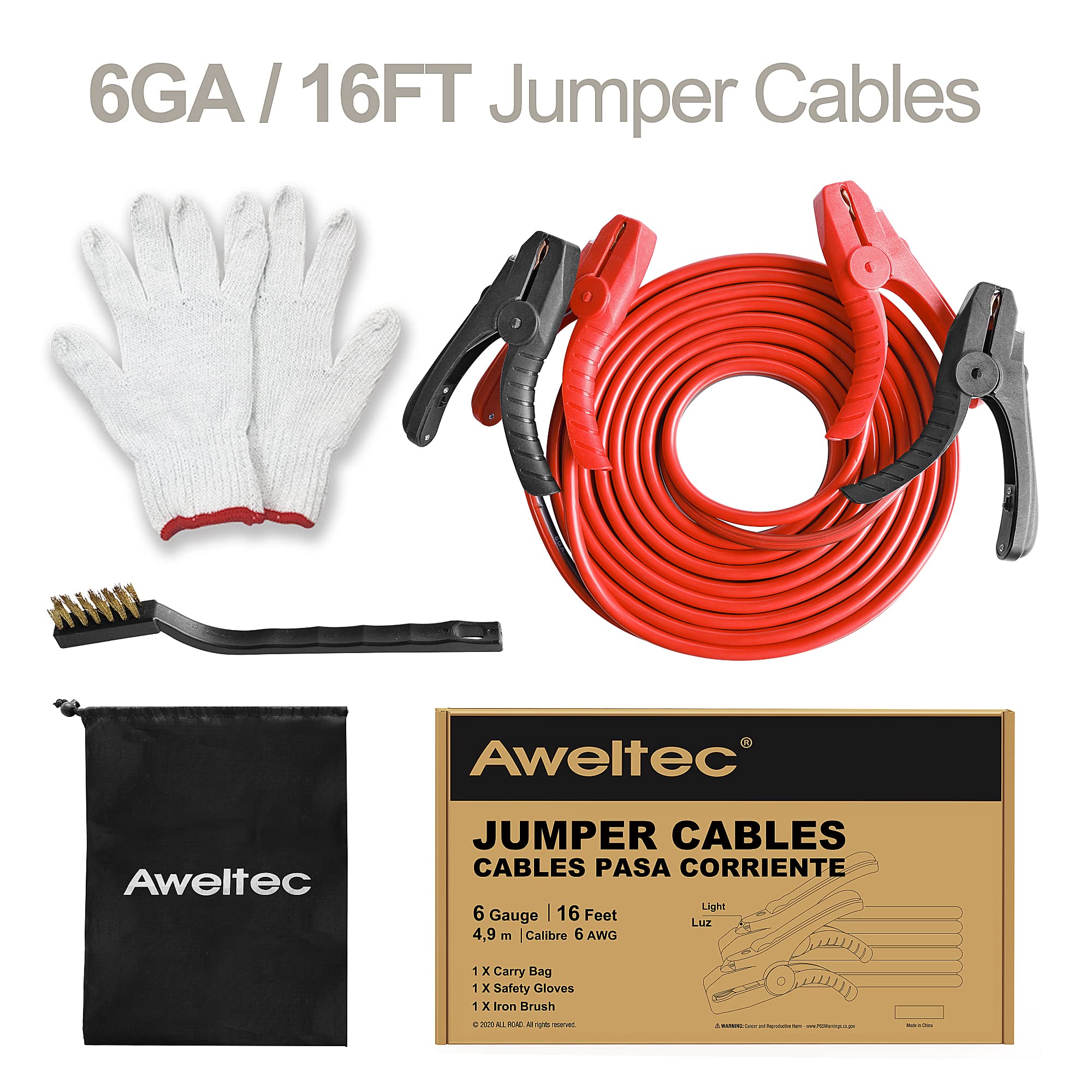 Aweltec Jumper Cables With Led Light   6 Gauge 16 Feet Battery Heavy Duty Booster Cables (6Awg X 16Ft) With Carrying Bag, Safety