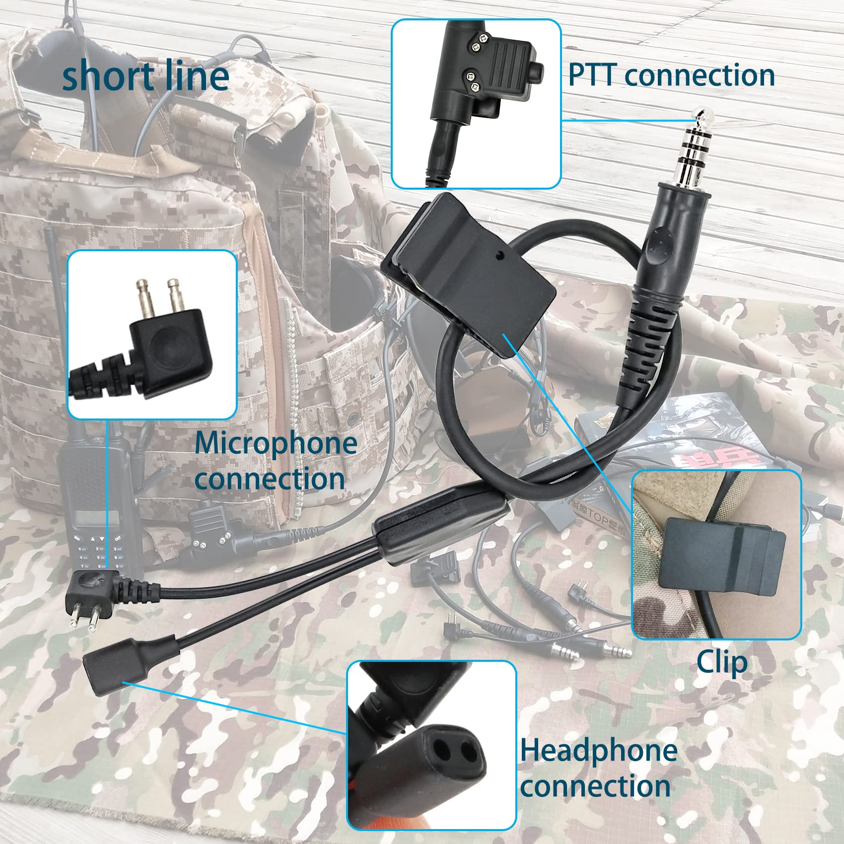 Combatgear Y Cable Connector Boom Microphone K U94 Ptt Compatible With Comta Headsets Short