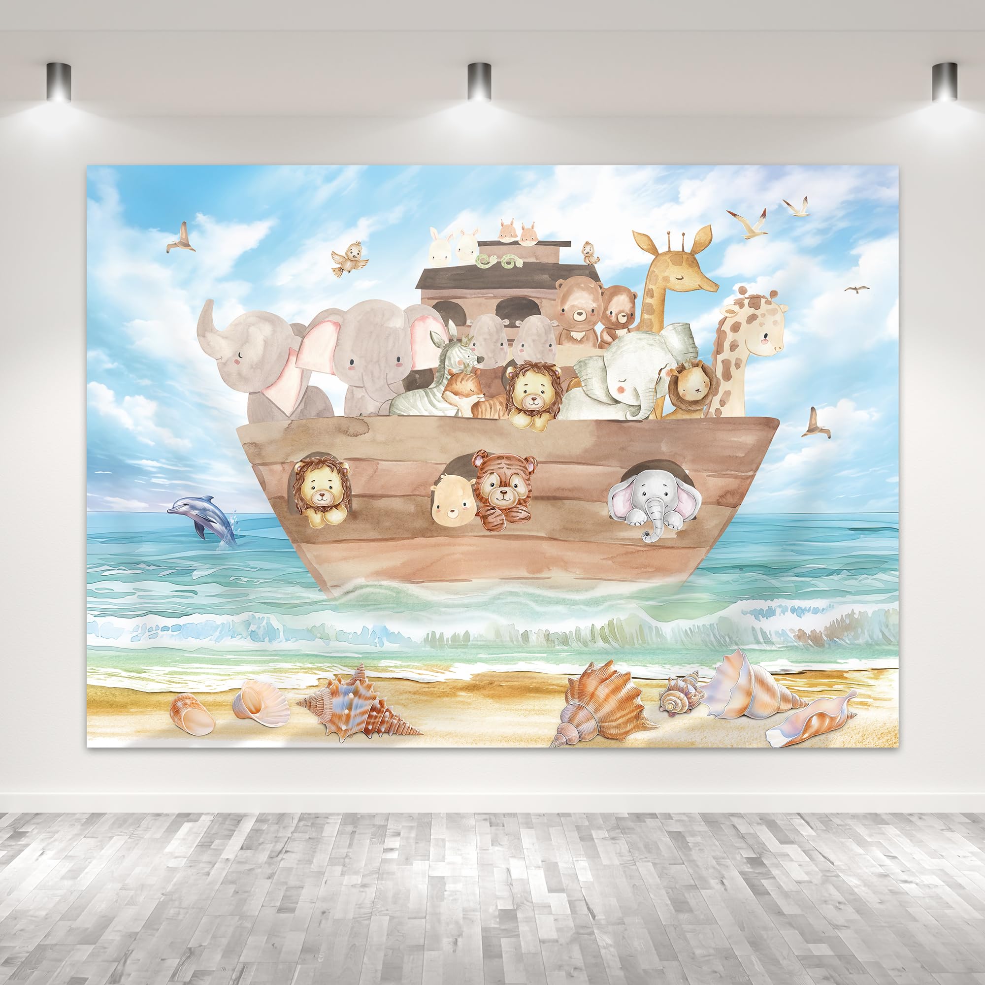 Glawry Noah'S Ark Baby Shower Backdrop 7Wx5H Feet Cute Cartoon Ocean Beach Woodland Safari Animal Wood Ocean Summer Newborn Part