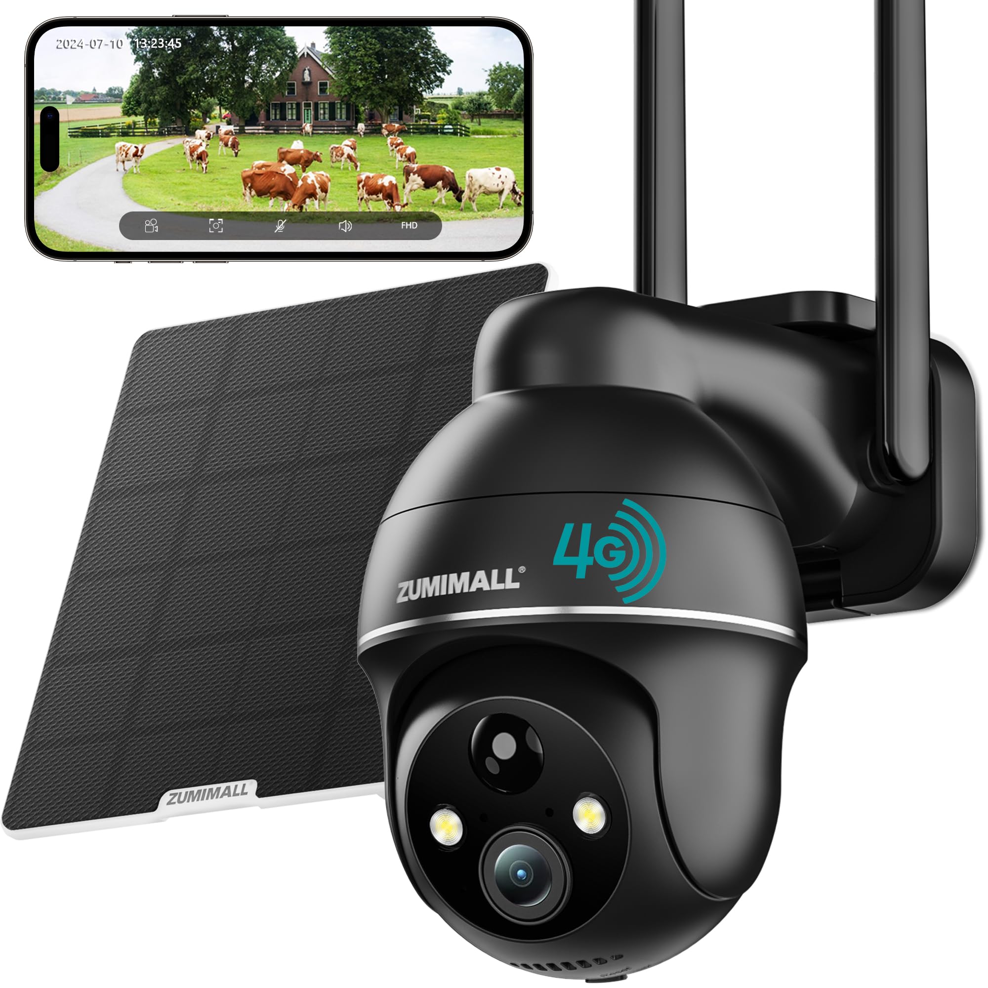 Zumimall 4G Lte Cellular Solar Security Camera Outdoor, 2K No Wifi Security Camera Solar Powered With Color Night Vision, 2 Way Talk, Motion Alert, Cloud, Sim Included(Us Version)