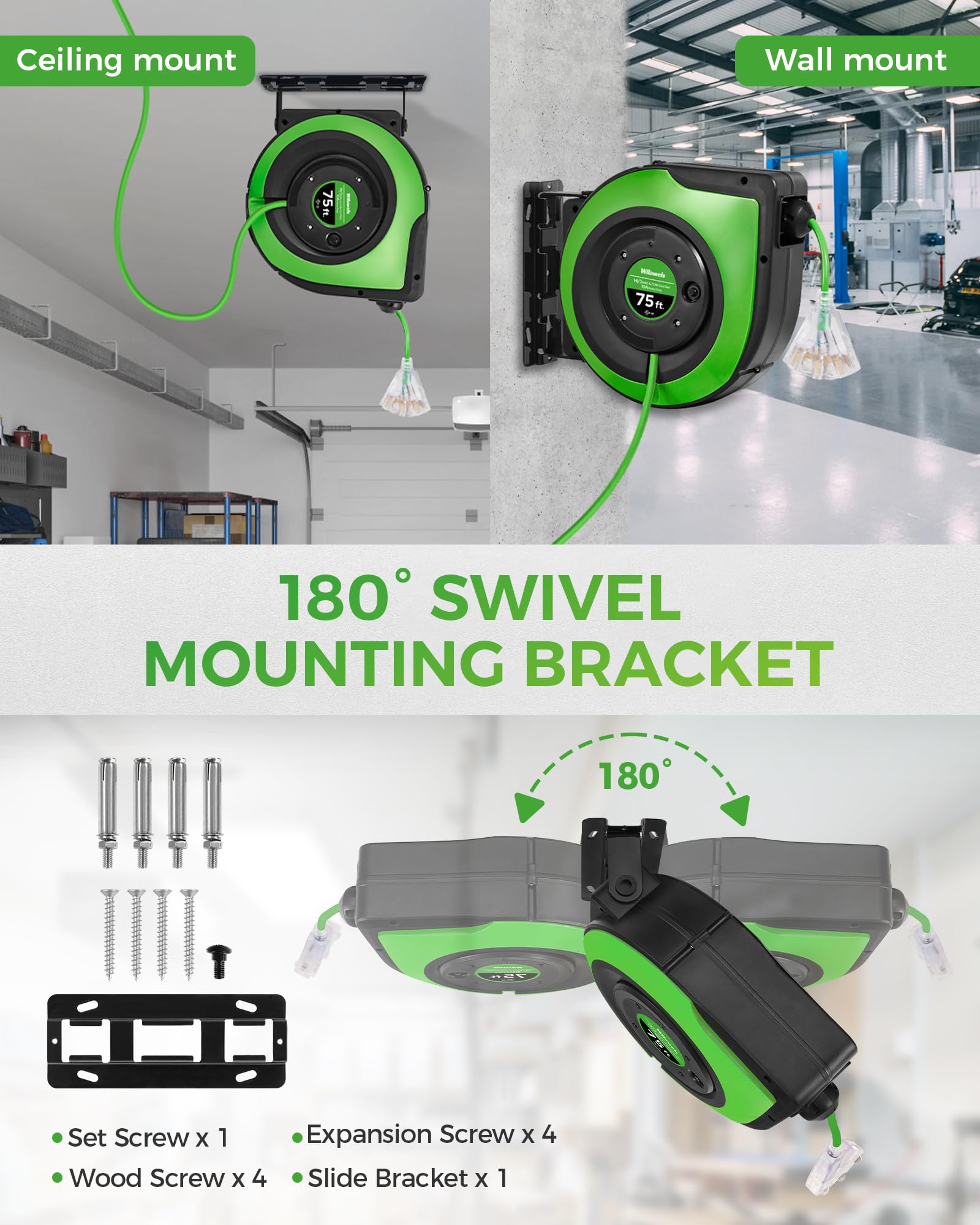 Wilawels Retractable Cord Reel, 75 Ft Heavy Duty Extension Cord, 14Awg/3C Sjtow, 3 Grounded Outlets Lighted Triple Tap, 10A Circ