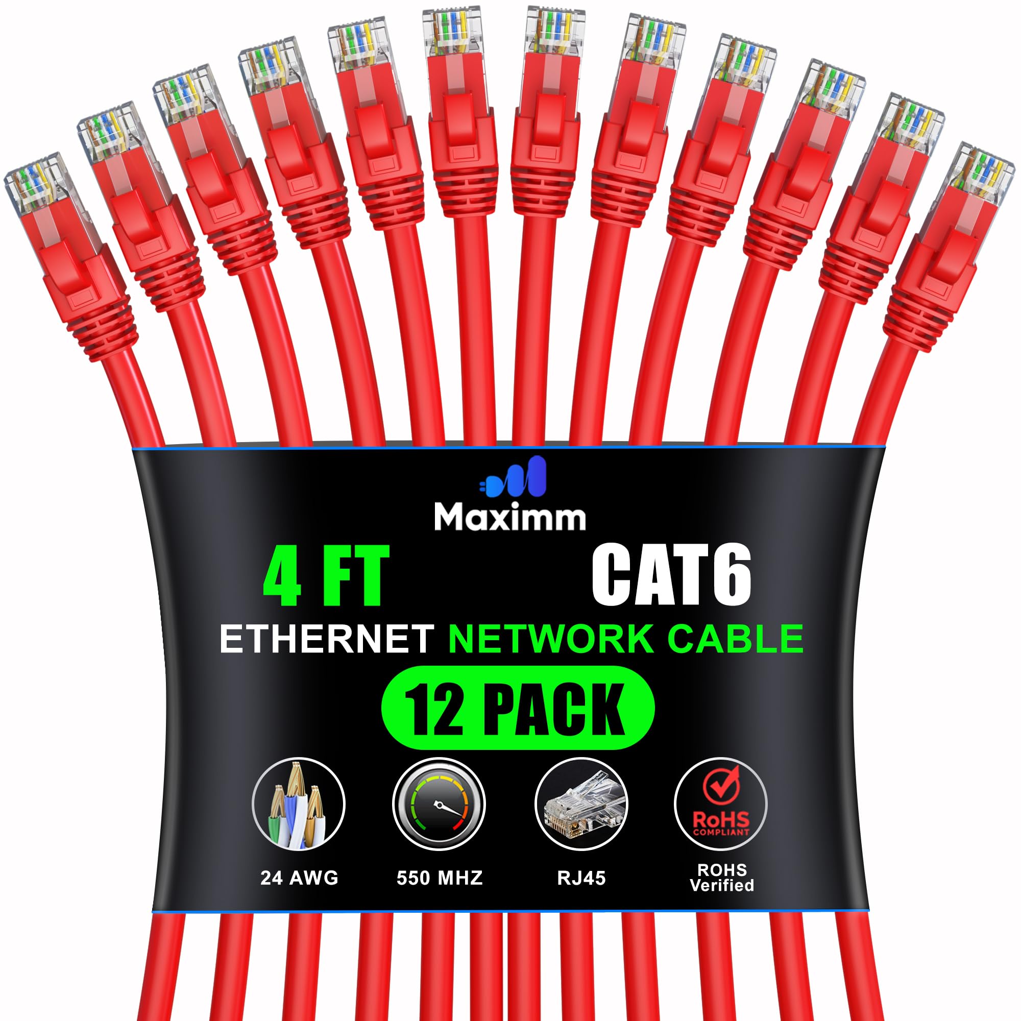 Maximm Cat 6 Ethernet Cable 4 Ft (12 Pack)   High Speed Lan Cable, Internet Cable, Patch Cable, And Network Cable   Utp, 10Gbps, 550Mhz Ethernet Cord   Red