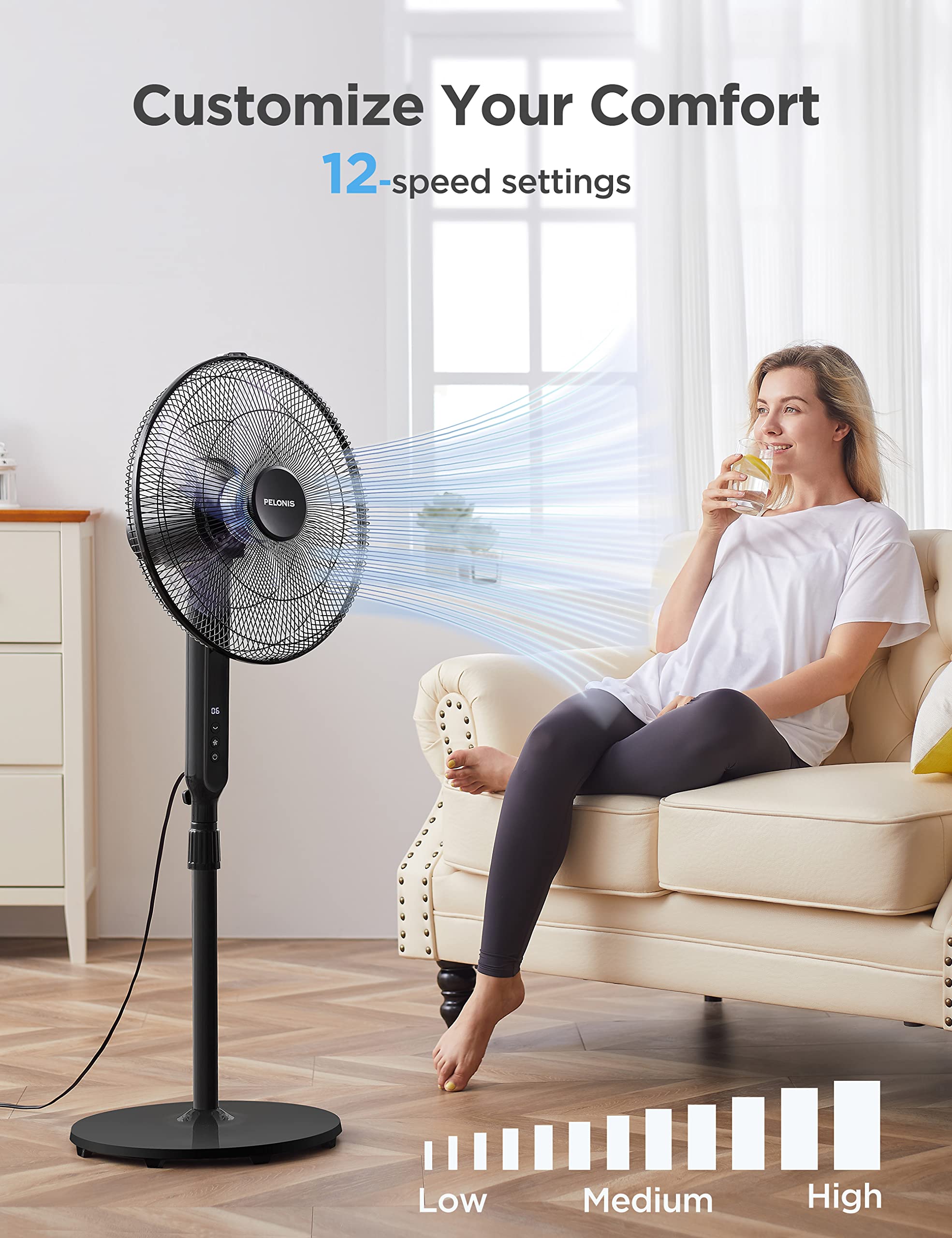 Pelonis 16'' Oscillating Pedestal Stand Up Fan | Adjustable Height | Ultra Quiet Dc Motor | Remote Control | 12 Speed | 12 Hour