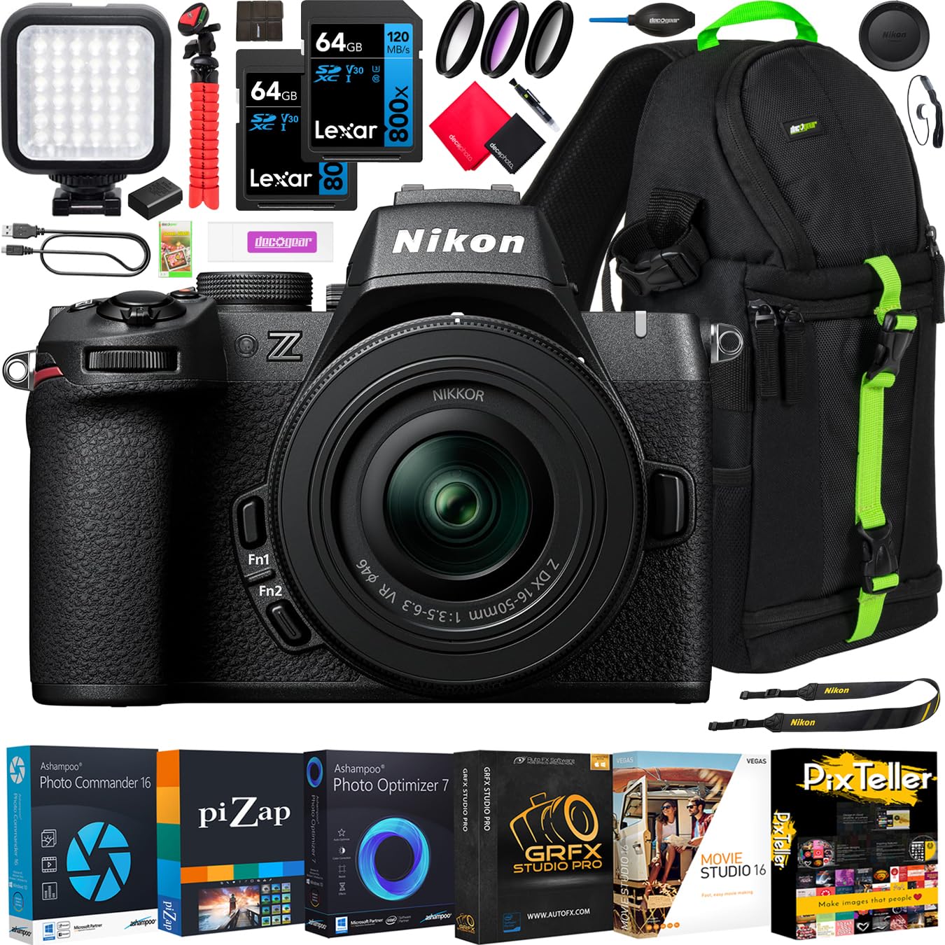 Nikon Z50 II Mirrorless Camera 4K DX Body with 16-50mm f/3.5-6.3 VR Lens Kit 1786 Bundle with Deco Gear Photography Backpack +LE