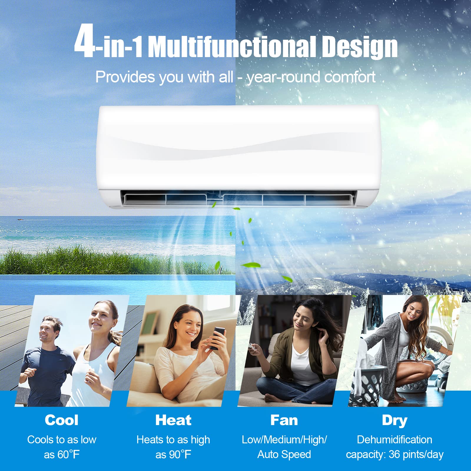 PETSITE 12000 BTU 20 SEER2 Mini Split Air Conditioner Inverter Heat Pump Pre-Charged Ductless AC Unit White 750 Sq. Ft.