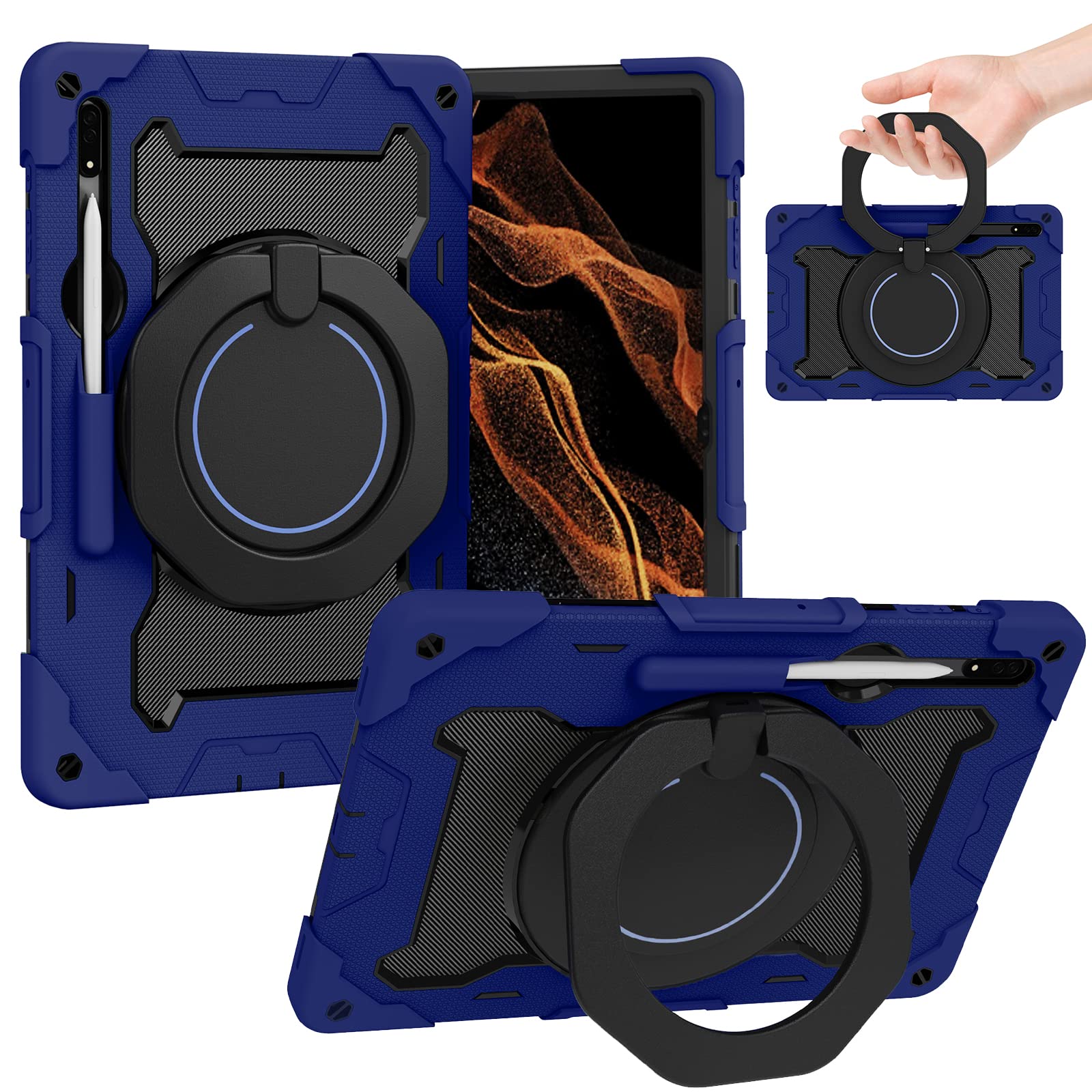 Dteck Galaxy Tab S8 Ultra Case 2022, Heavy Duty Rugged Military Grade Shockproof Case with S-Pen Holder & 360 Handle Kickstand f