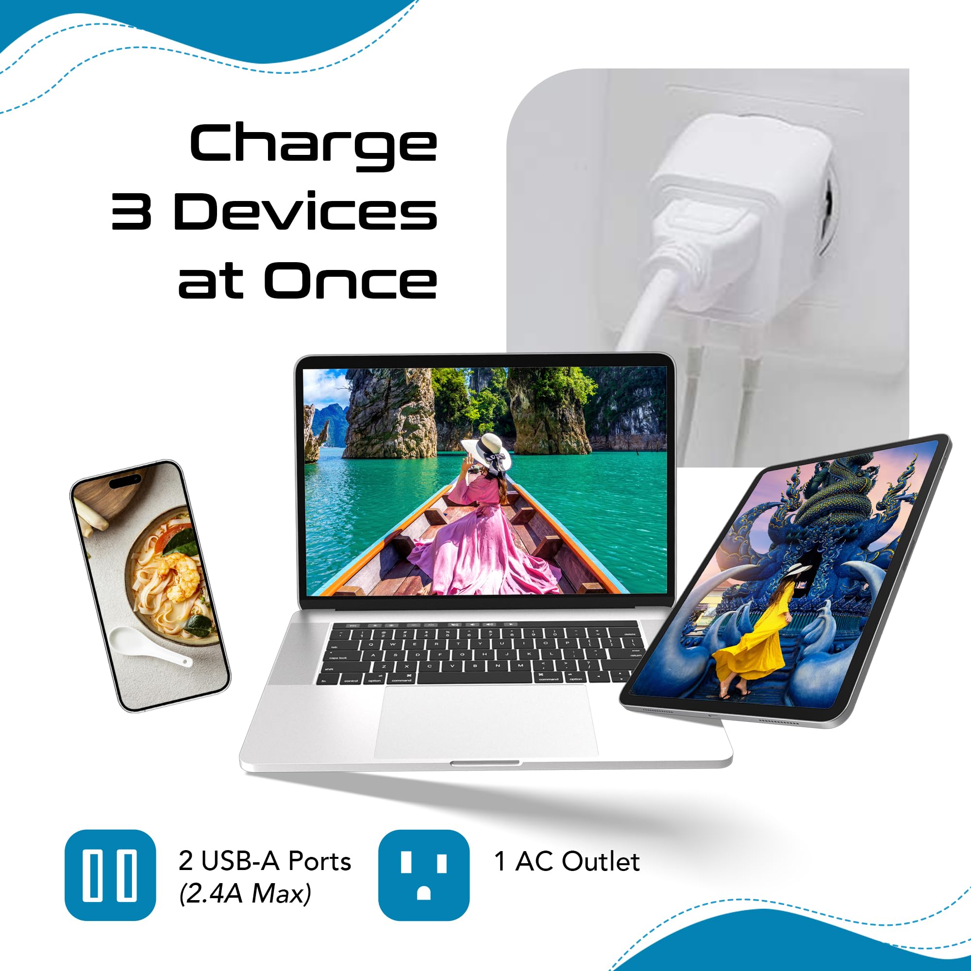 Ceptics Thailand Travel Adapter With Dual Usb   Type O Ultra Compact Us To Thailand Plug Adapter   3 In 1 Safe Grounded   Ideal