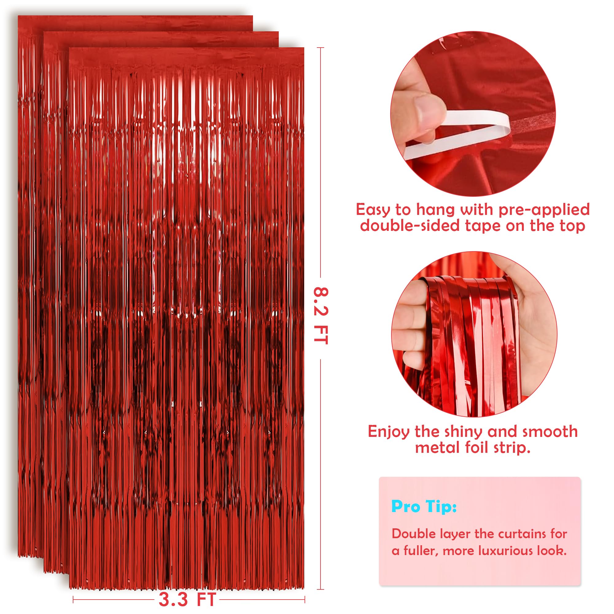 Ohome Red Tinsel Curtain Party Backdrop Foil Fringe Metallic Party Streamers Birthday Wedding Graduation Party Decorations   Chr