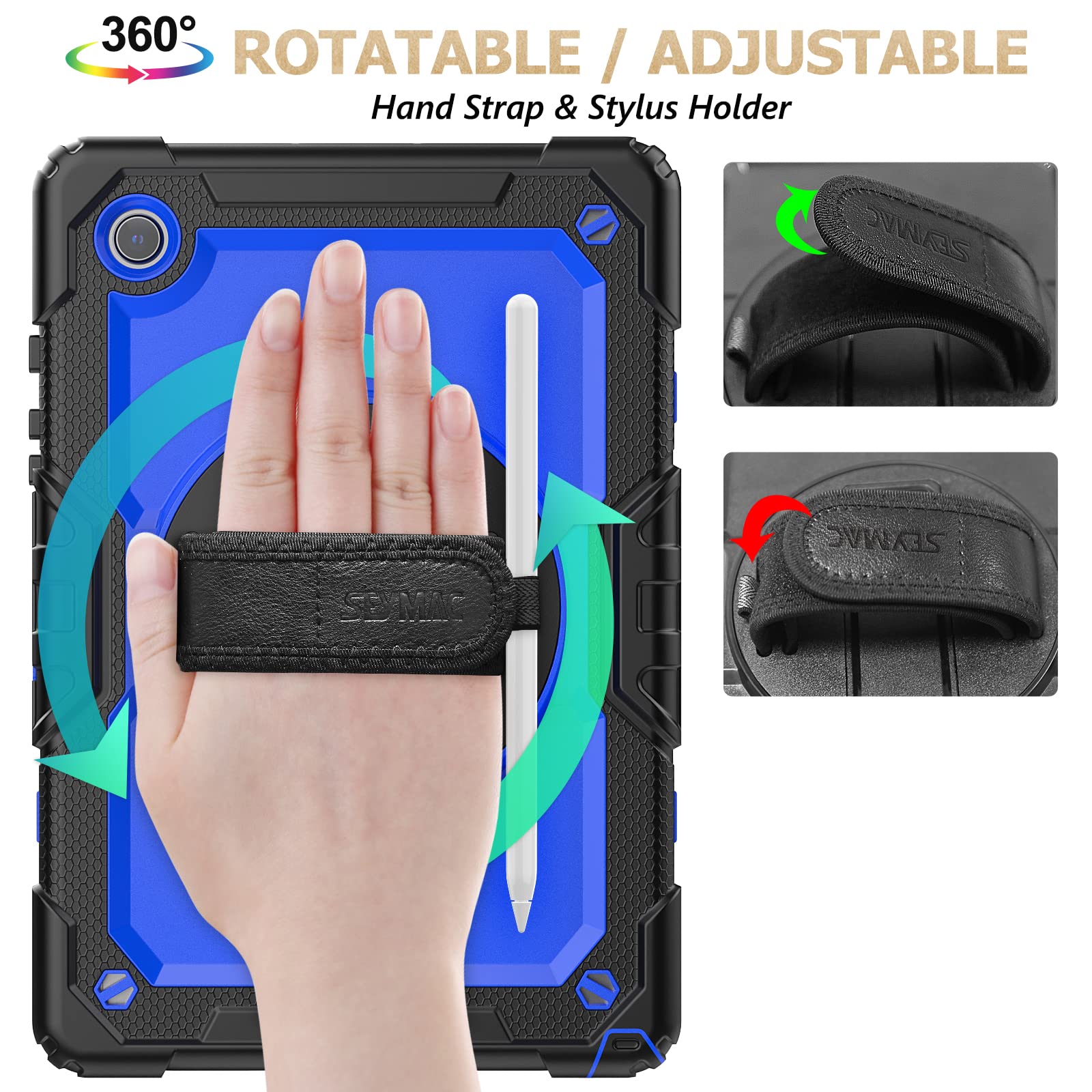 Seymac Stock 360 Hand Strap Shockproof Case For Samsung Galaxy Tab A8 10.5 Inch, Blue+Black