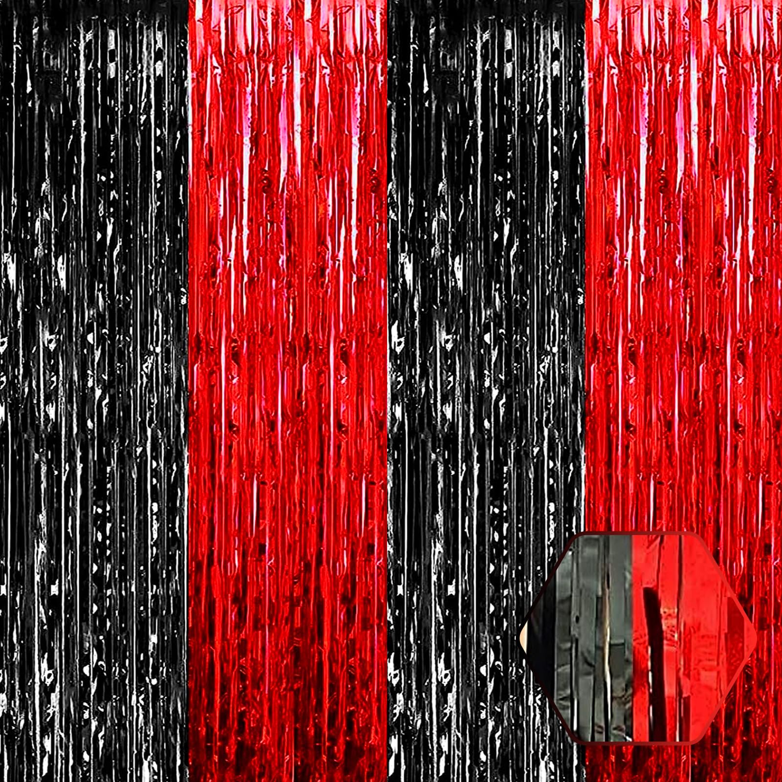 6 Pack Black Red Foil Fringe Curtain Backdrop, 3.28Ft x 8.2Ft Metallic Tinsel Foil Fringe Streamer Curtains for Photo Booth, Bir