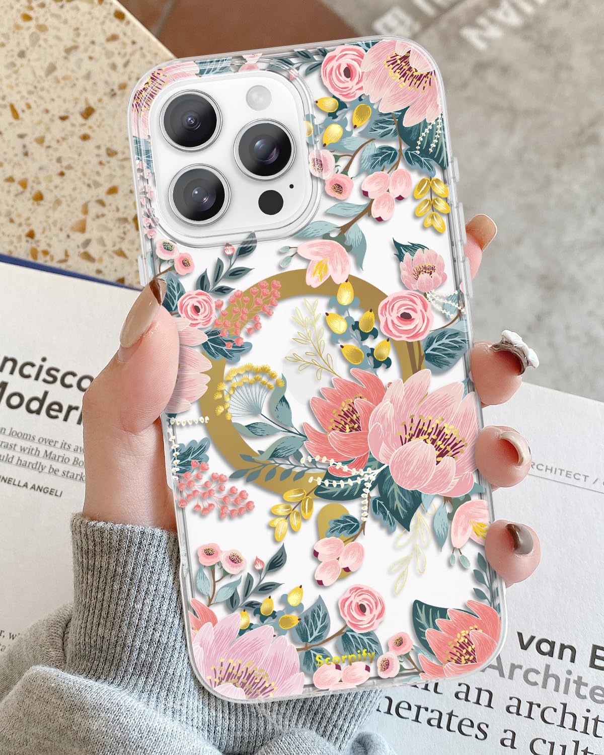 Scorpify For Iphone 16 Pro Max Case [Compatible With Magsafe] With Pink Epiphyllum Floral Design, Cute Clear Flower Magnetic Pho