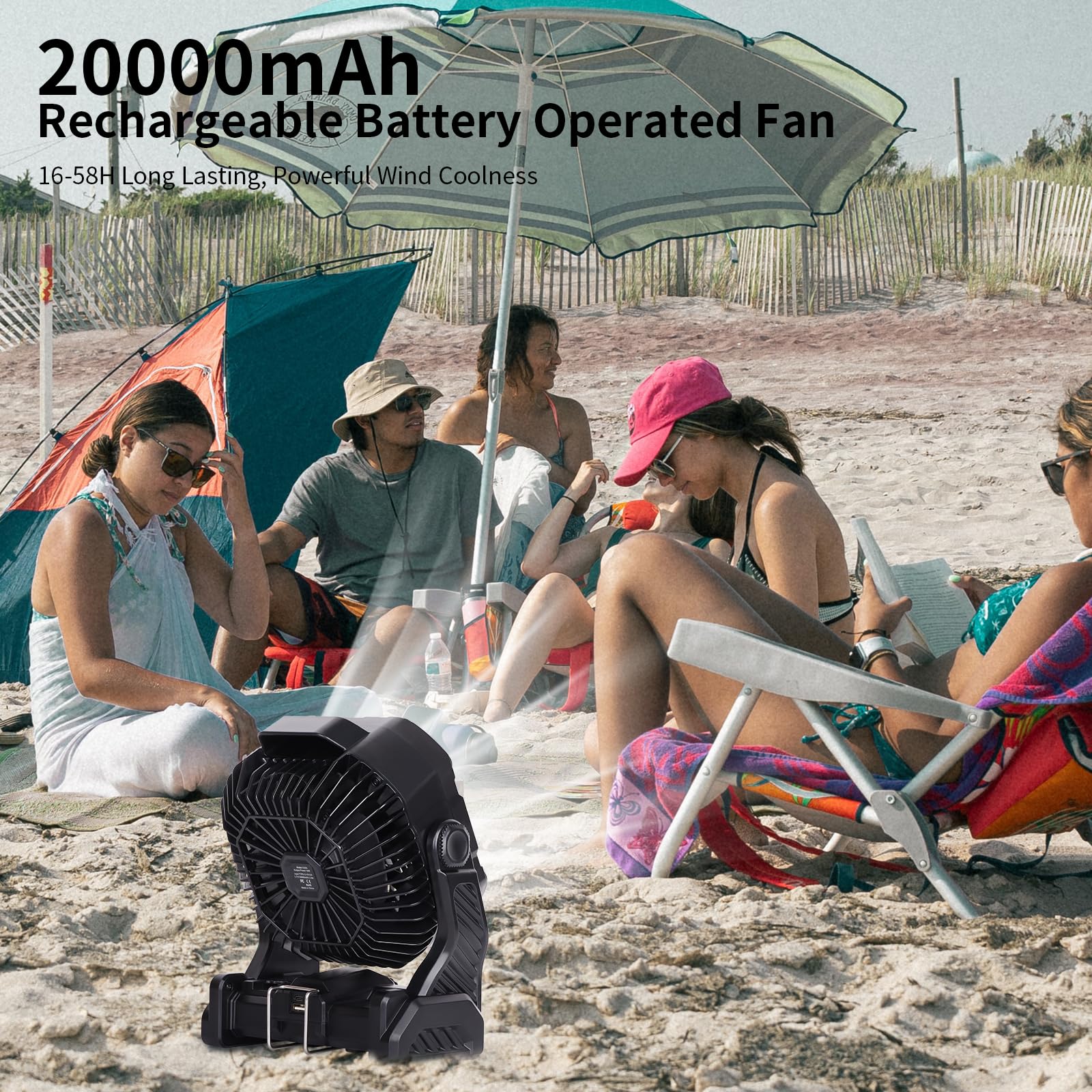 20000Mah Camping Fan,Portable Camping Fan Rechargeable Battery Operated Outdoor Tent Fan With Light & Hook, 270 Pivot, 4 Speeds,