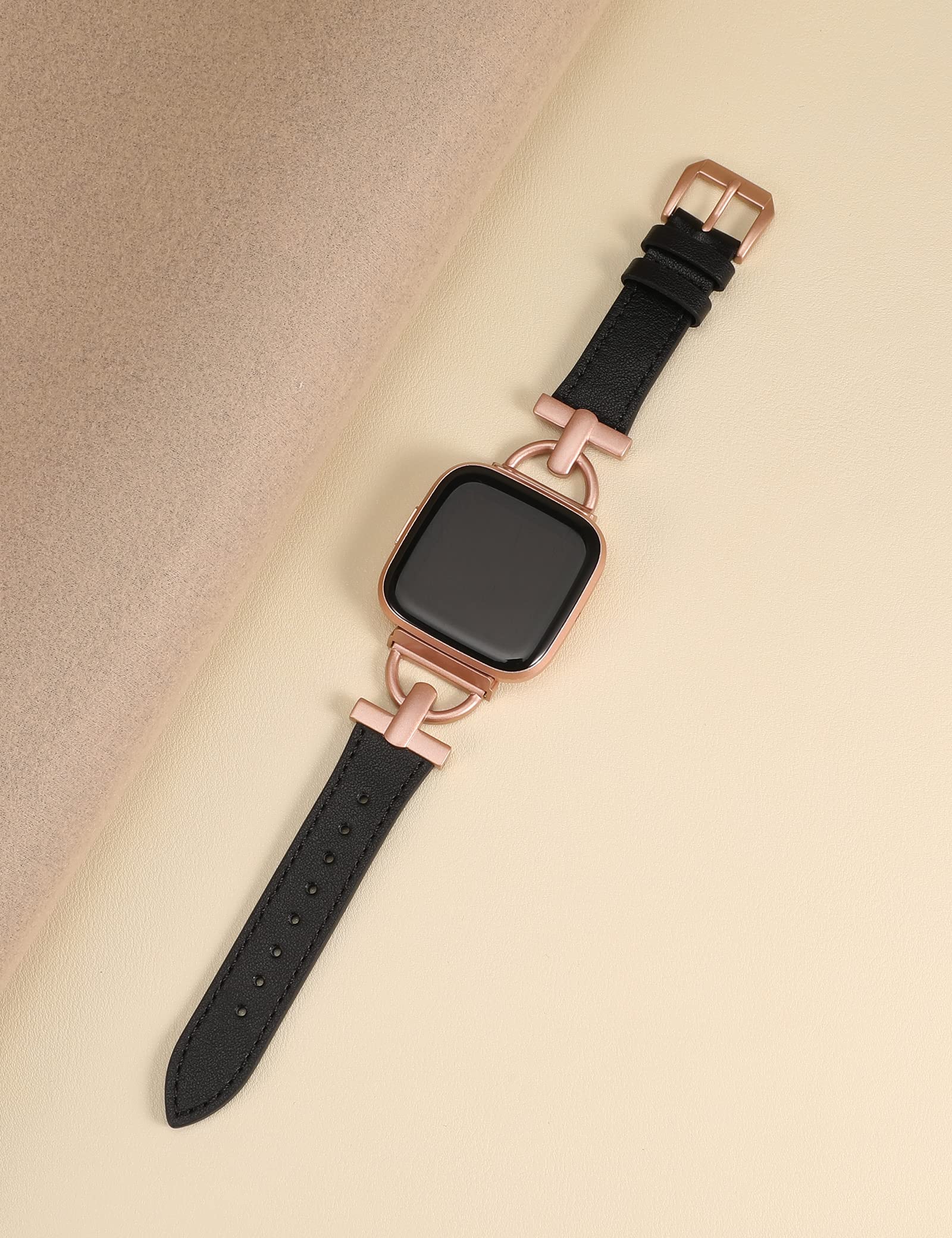 Wearlizer Leather Band Compatible With Fitbit Versa/Versa 2 Smart Watch - Dressy Slim Leather Strap Wristband With D-Shape Metal