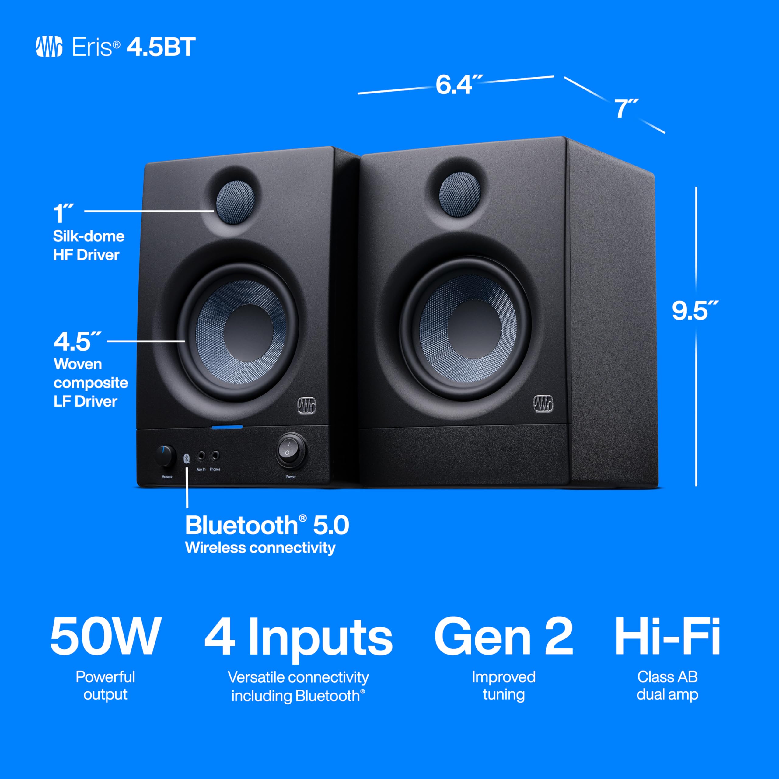 Presonus Eris 4.5Bt Bluetooth Studio Monitors, Pair   4.5'' Powered, Active Monitor Speakers For Near Field Music Production, Au