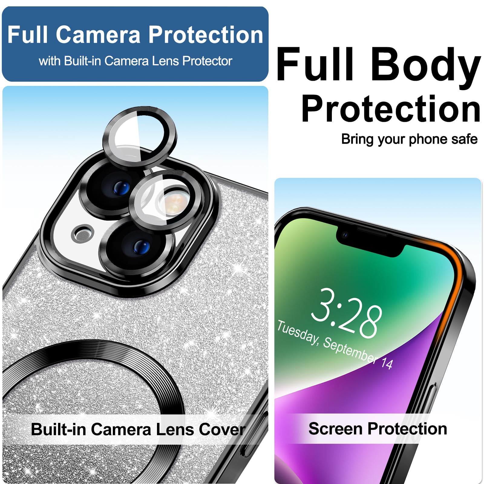 Hython For Iphone 14 Plus Case Clear Magnetic Glitter Phone Cases [Compatible With Magsafe] Full Camera Lens Protector Slim Grad