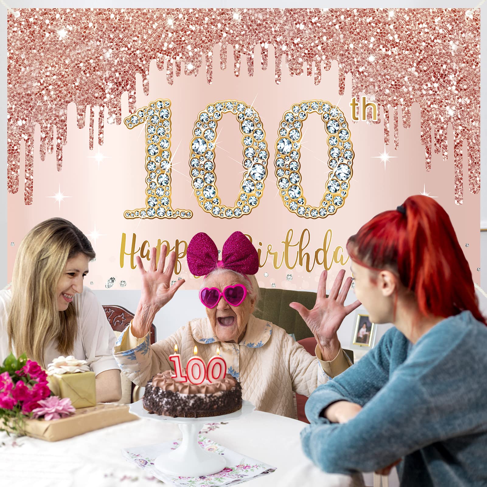 Happy 100Th Birthday Banner Backdrop Decorations For Women, Rose Gold 100 Birthday Party Sign Supplies, Pink 100 Year Old Birthd