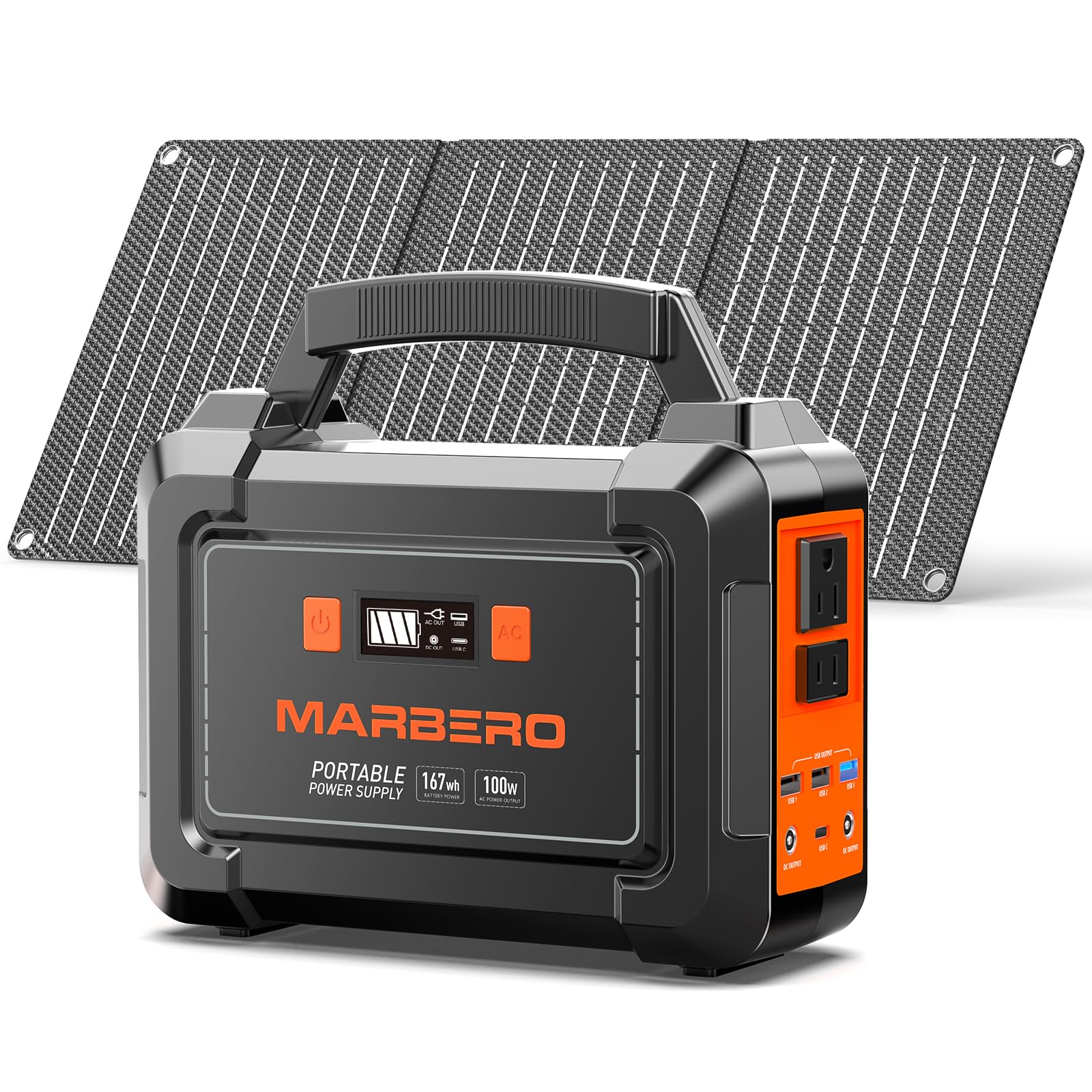 Marbero Solar Generator 167Wh Camping Portable Power Station 200W Peak With Foldable Solar Panels 30W With Ac Outlet 110V Multi 