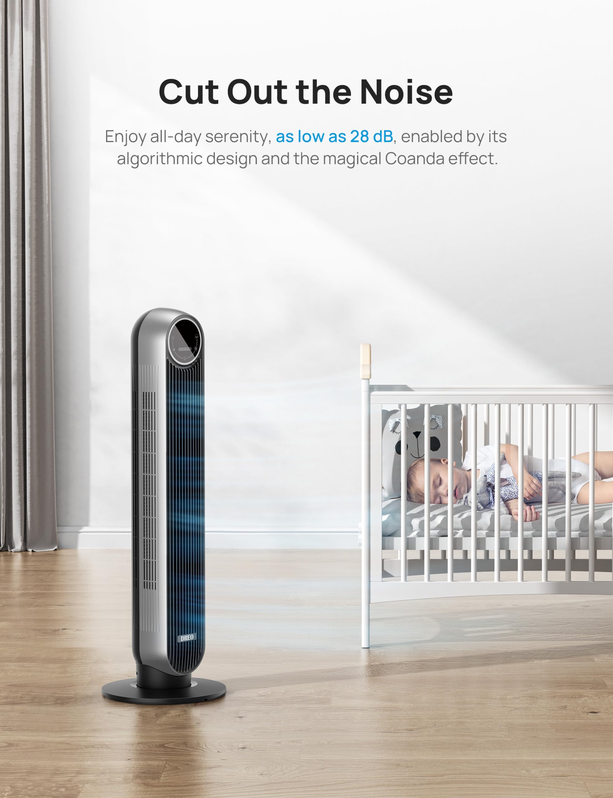 Dreo Tower Fan For Bedroom, 25Ft/S Velocity Quiet Floor Fan, 90� Oscillating Fans For Indoors With 4 Speeds, 4 Modes, 8H Timer, Standing Fans, Bladeless Fan, Silver, Nomad One (Dr Htf007)