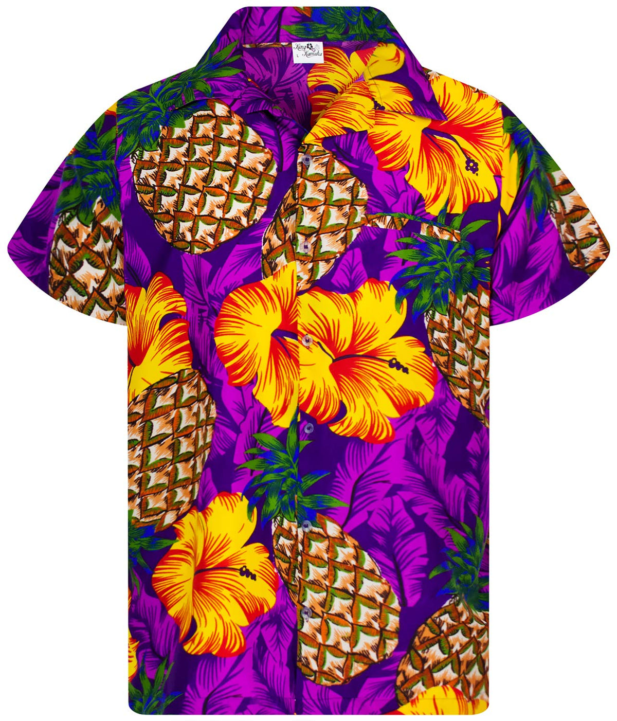 King Kameha Funky Hawaiian Shirt, Shortsleeve, Pineapple Hibiscus, Purple, 6Xl