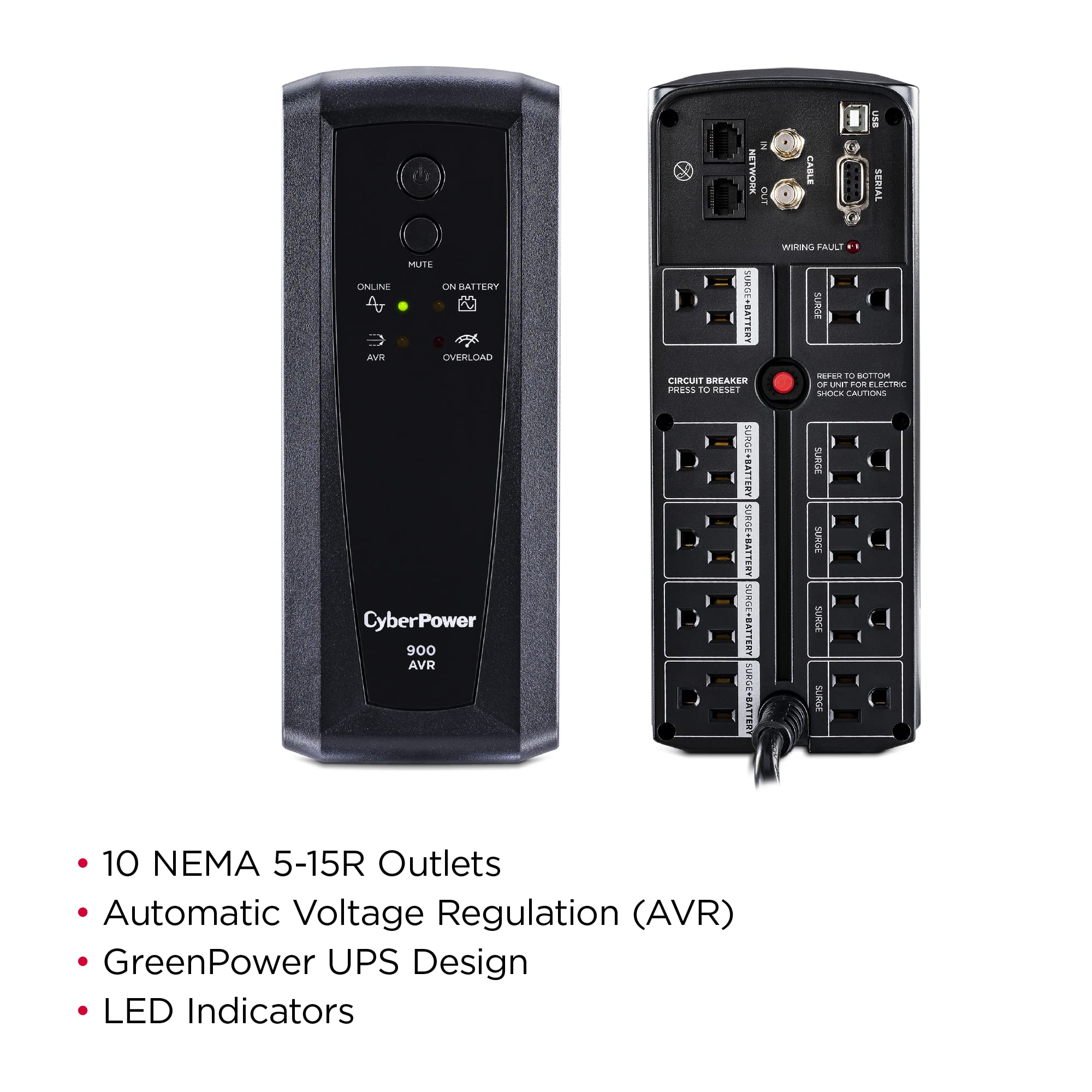 Cyberpower Cp900Avr Avr Ups System, 900Va/560W, 10 Outlets, Mini Tower