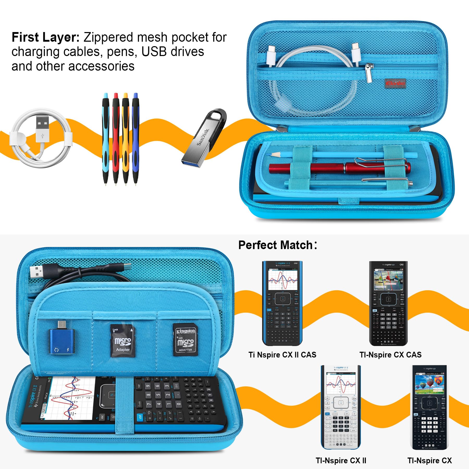 Elonbo Hard Travel Case For Texas Instruments Ti Nspire Cx Ii Cas/Cx Ii/Cx Cas Color Graphing Calculator, Extra Zipped Pocket Fits Charging Cable, Charger, Manual, Blue