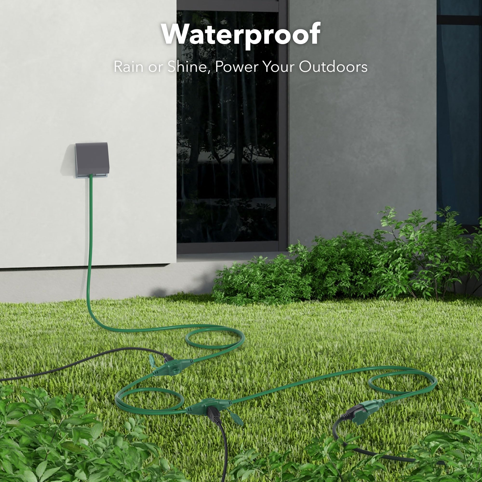 Bn Link 25 Ft Outdoor Extension Cord W/3 Inline Outlets 16/3 Gauge, Sjtw Green For Landscaping & Holiday Decorations, Grounded,