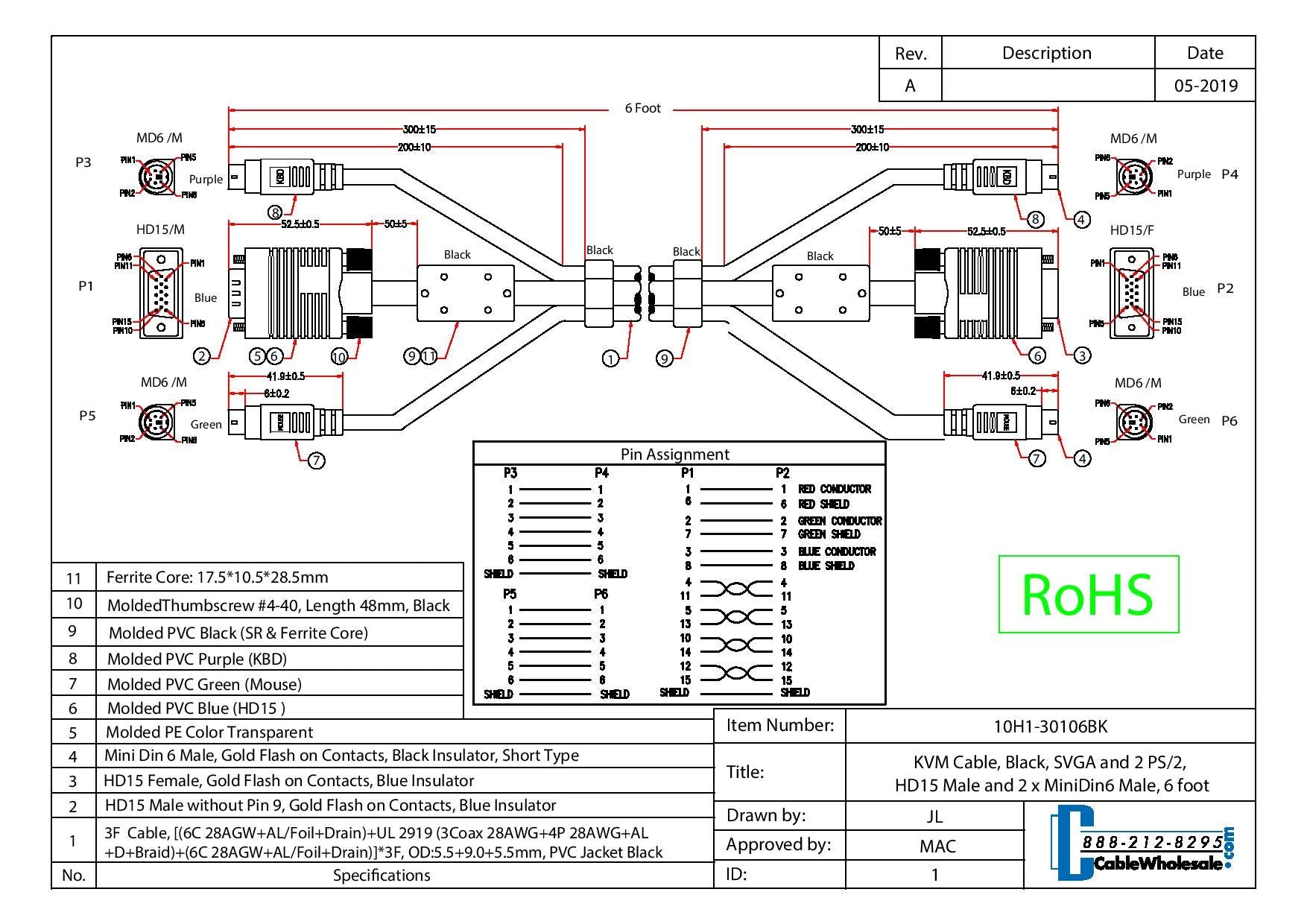 Cablewholesale Kvm Cable   Keyboard, Video, Mouse Cable, Hd15 Vga Male And Two Ps2 (Minidin6) Male On Both Ends (Svga Ps/S Male/