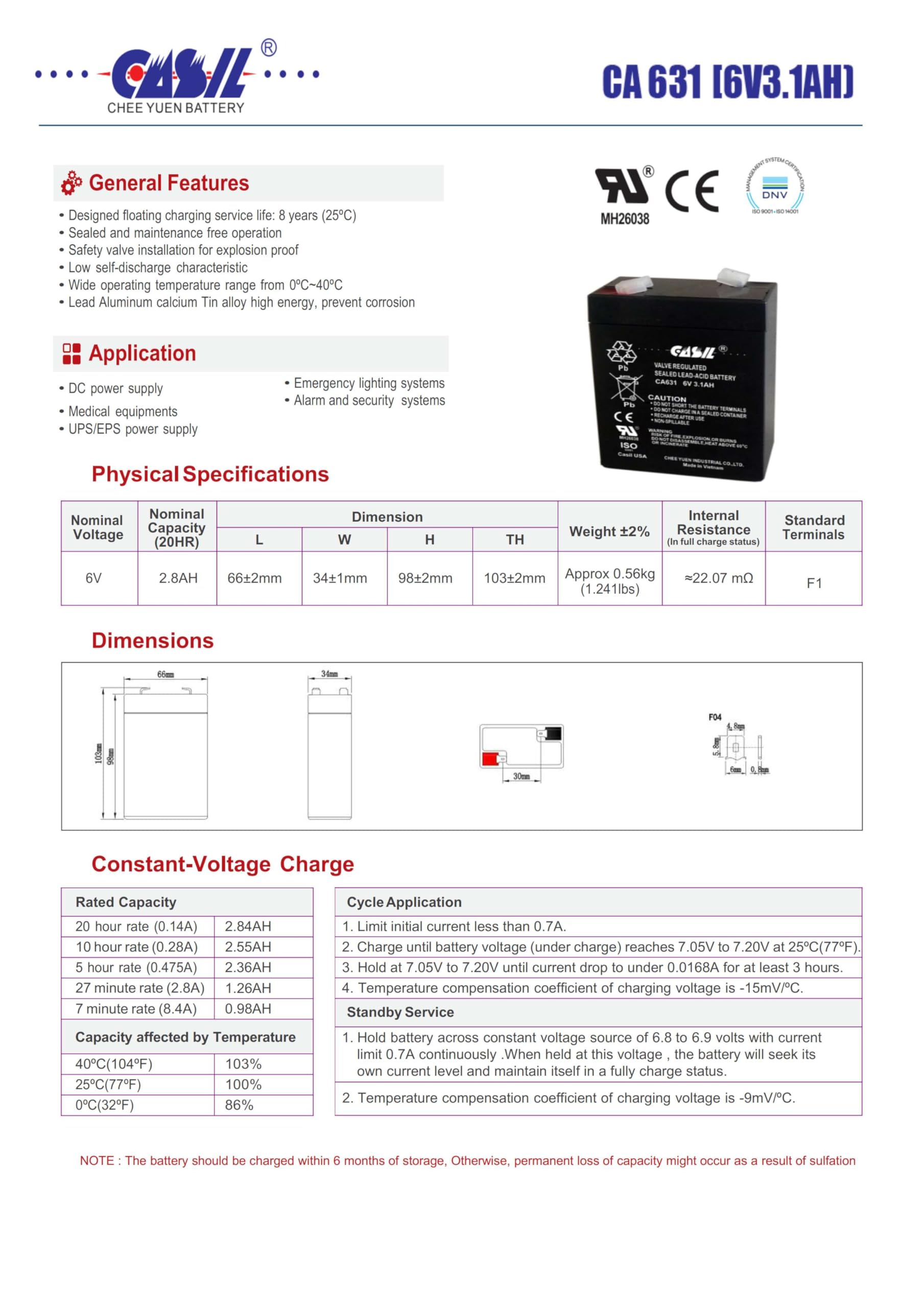 Casil Honeywell Genuine Ca631 6V 3.1Ah Sla Battery For 7845Gsm K14139
