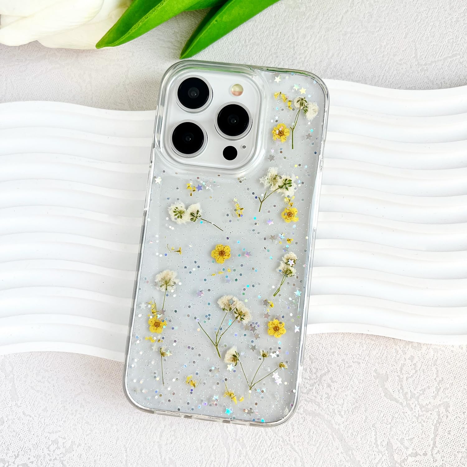 Lseeka For Iphone 15 Pro Clear Case With Pressed Real Flowers Design,Glitter Cute Yellow Floral Pattern Slim Soft Tpu Protective