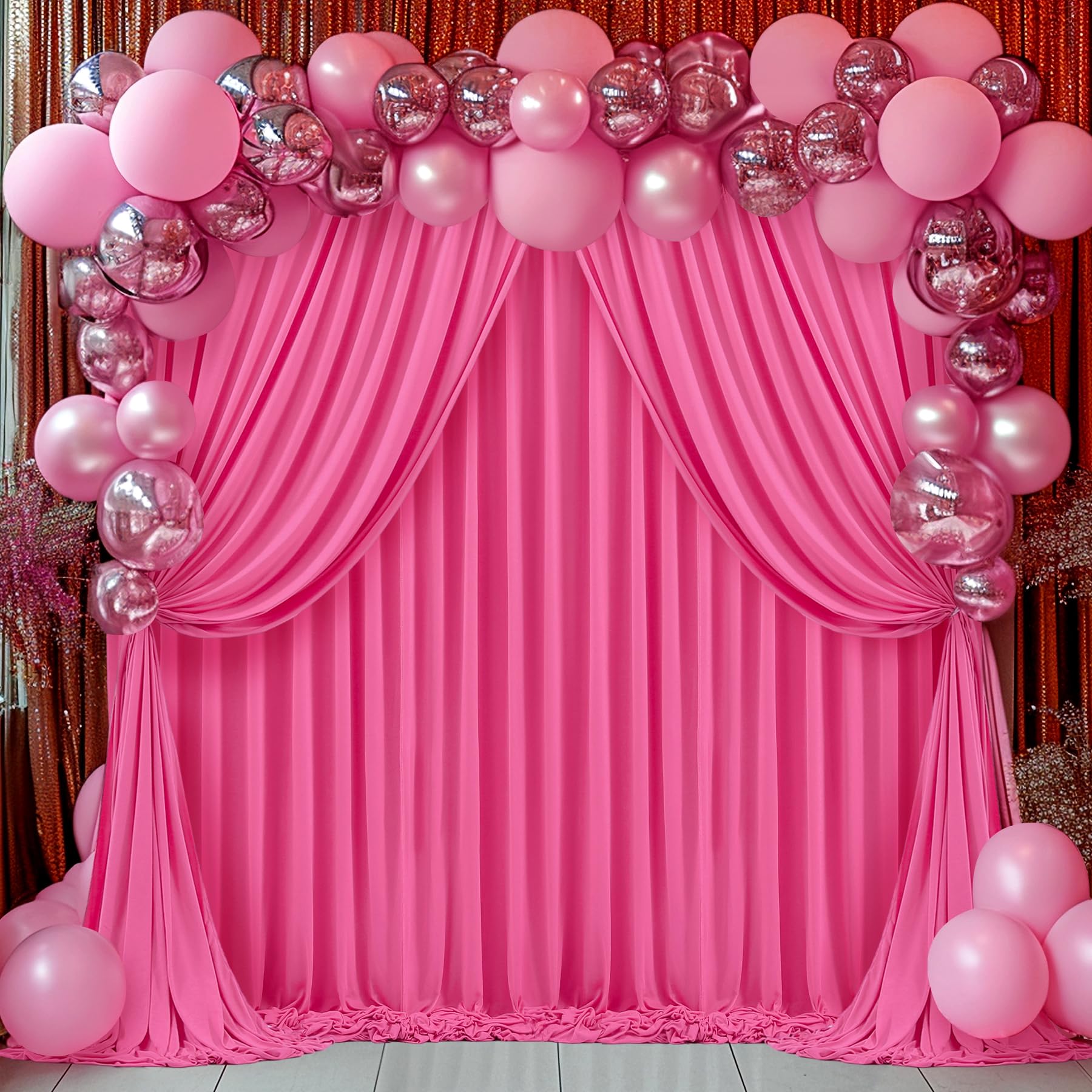 Hot Pink Backdrop Curtains For Parties, 8Ft X 10Ft Wrinkle Free Pink Curtains Polyester Photography Fuchsia Backdrop Drapes For