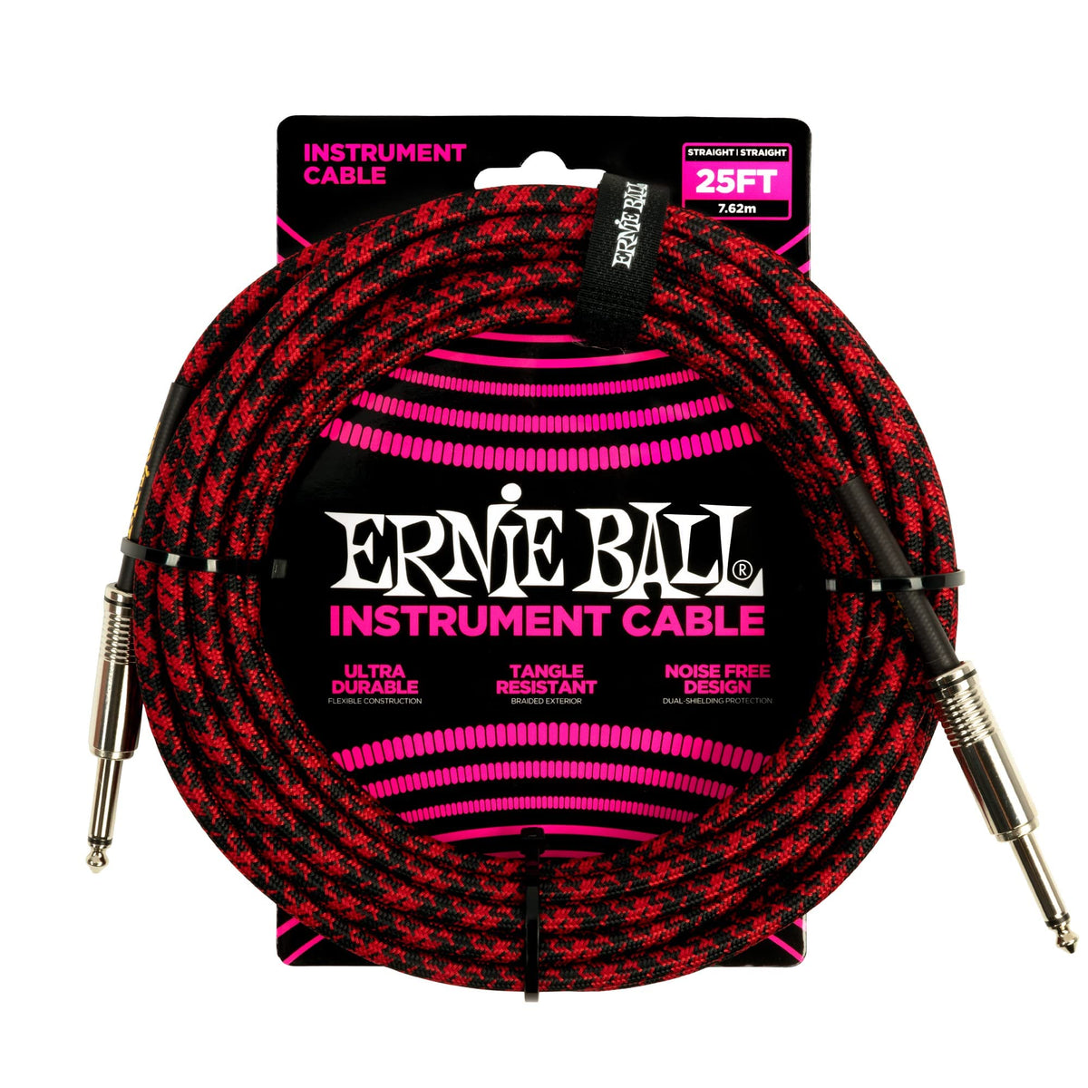 Ernie Ball Braided Instrument Cable, Straight Straight, 25Ft, Redblack