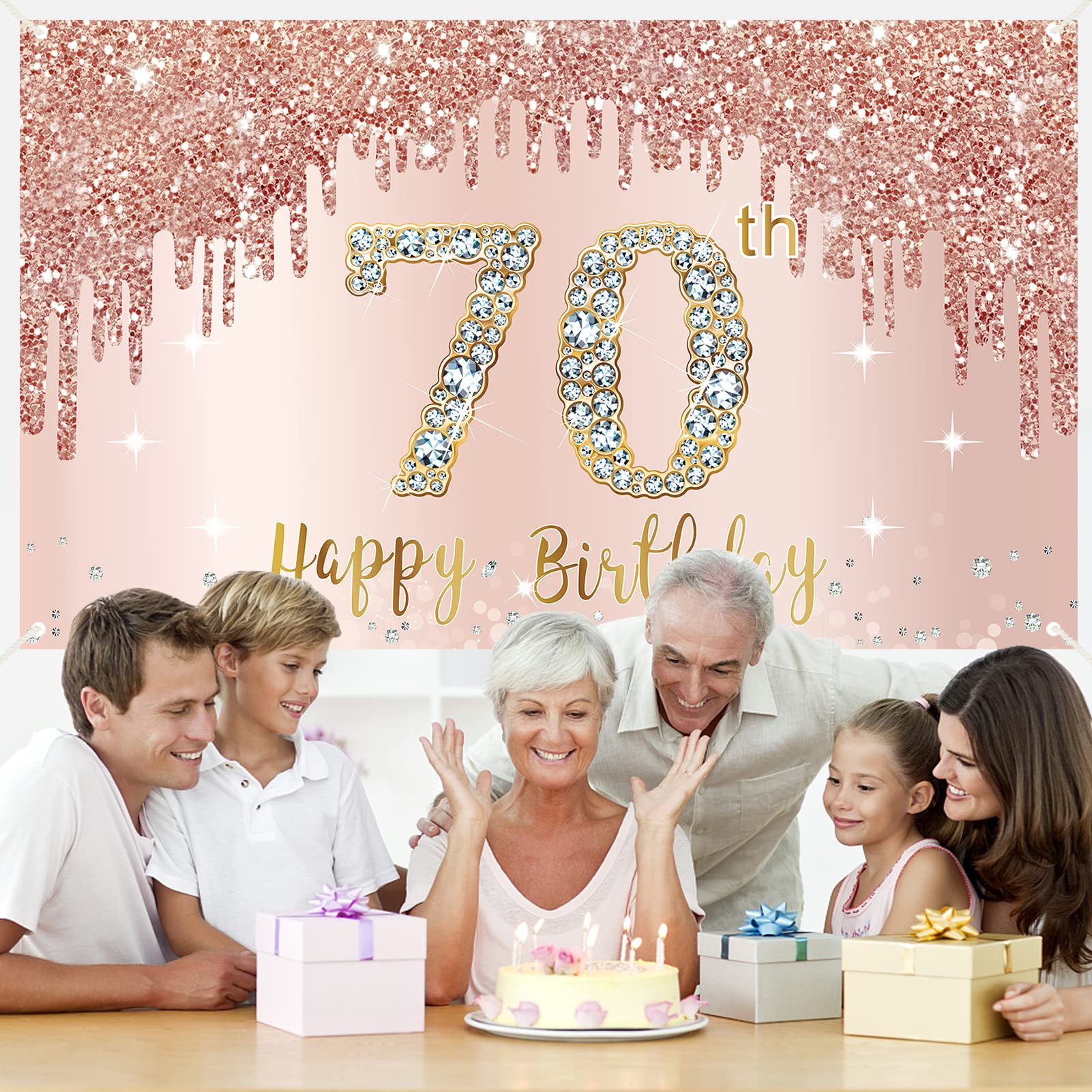 Happy 70Th Birthday Banner Backdrop Decorations For Women, Rose Gold 70 Birthday Party Sign Supplies, Pink 70 Year Old Birthday