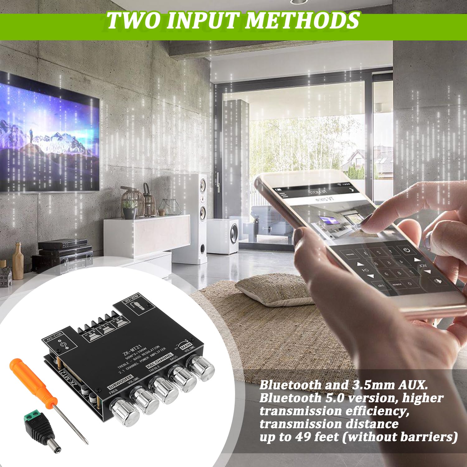 Eplzon Zk-Mt21 Bluetooth Amplifier Board 50W*2+100W With Treble And Bass Control 2.1 Channel Stereo Amp Board Bluetooth And Aux