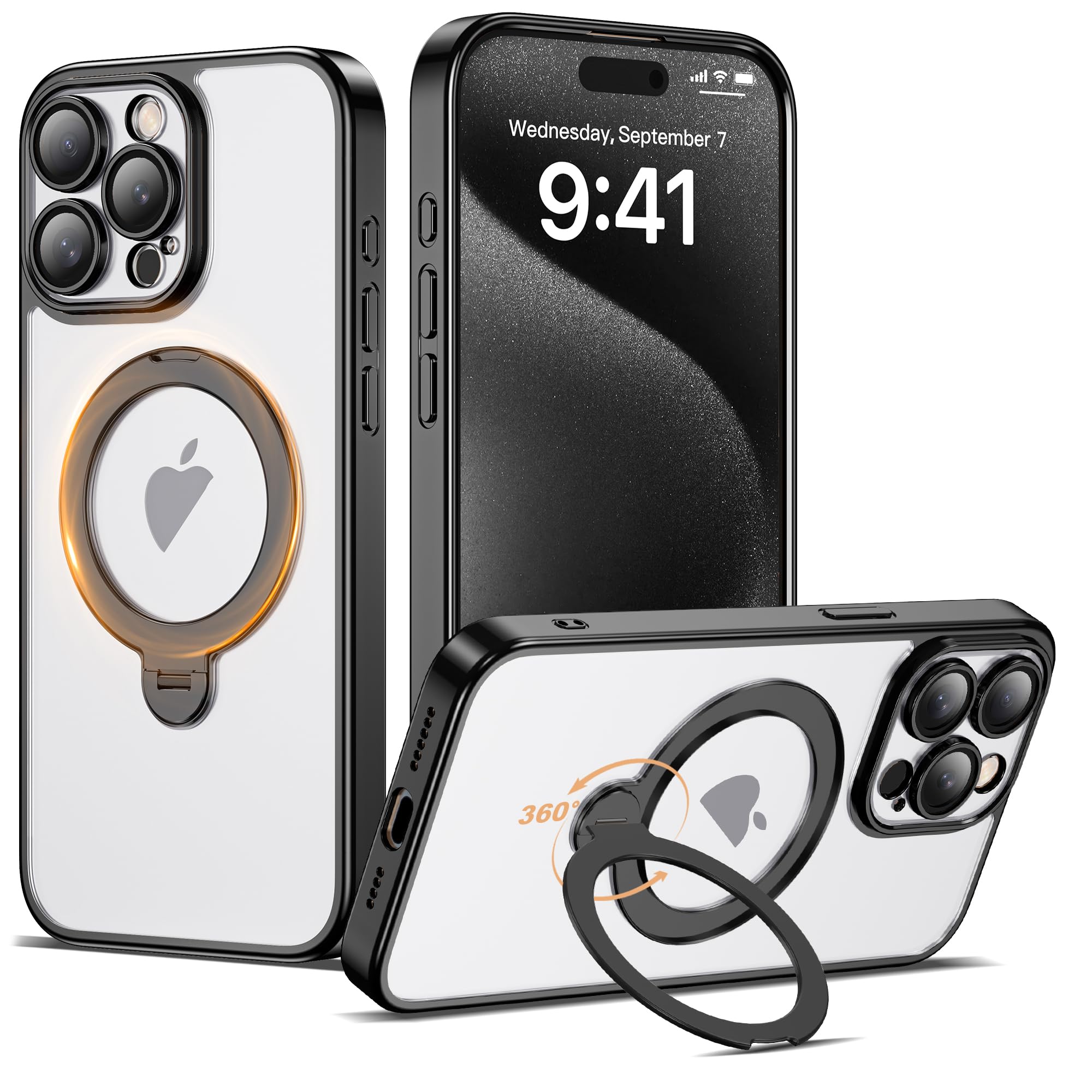 AmoraAqua Compatible with iPhone 15 Pro Max Case with 360 Spin Magnetic Ring Stand [Compatible with Mag-Safe] Full Camera Lens P