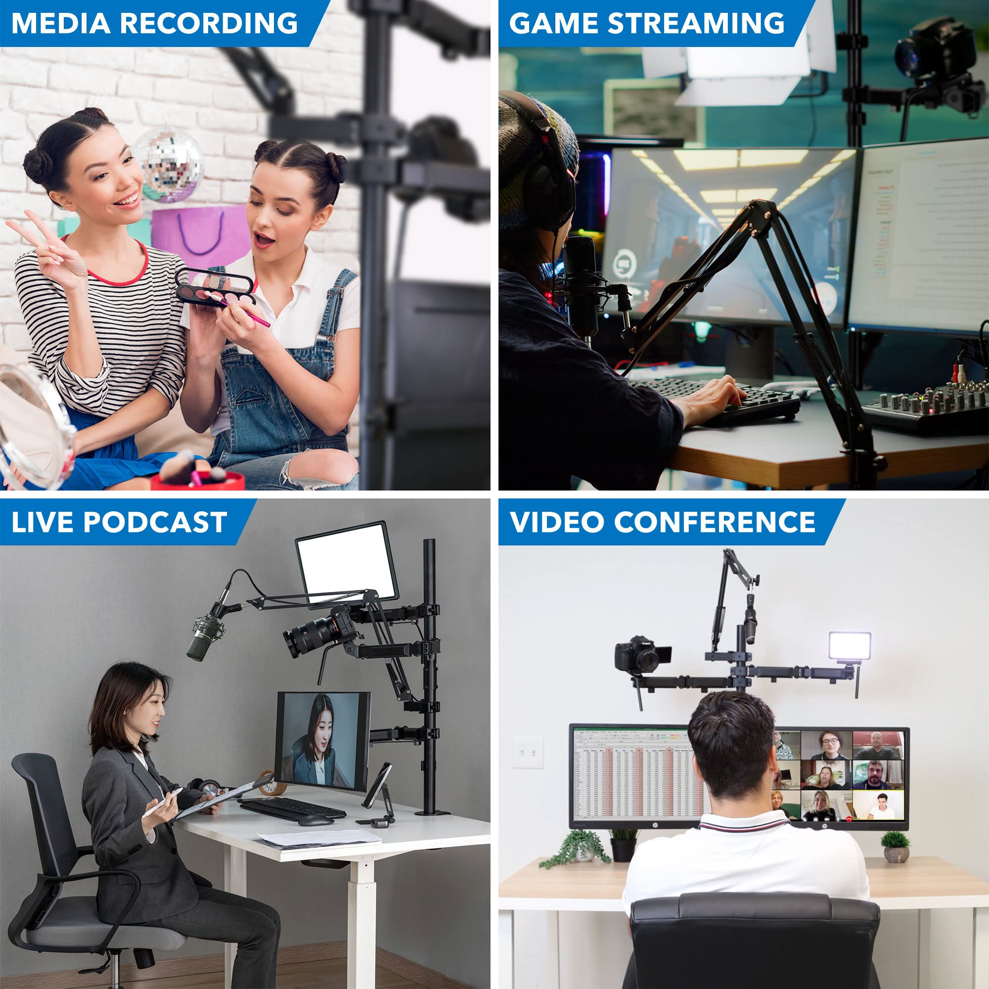 Mount It! All In One Live Streaming Equipment | 5 Arm Streaming Desk Mount That Holds Dual Monitors, Cameras And Ring Light With