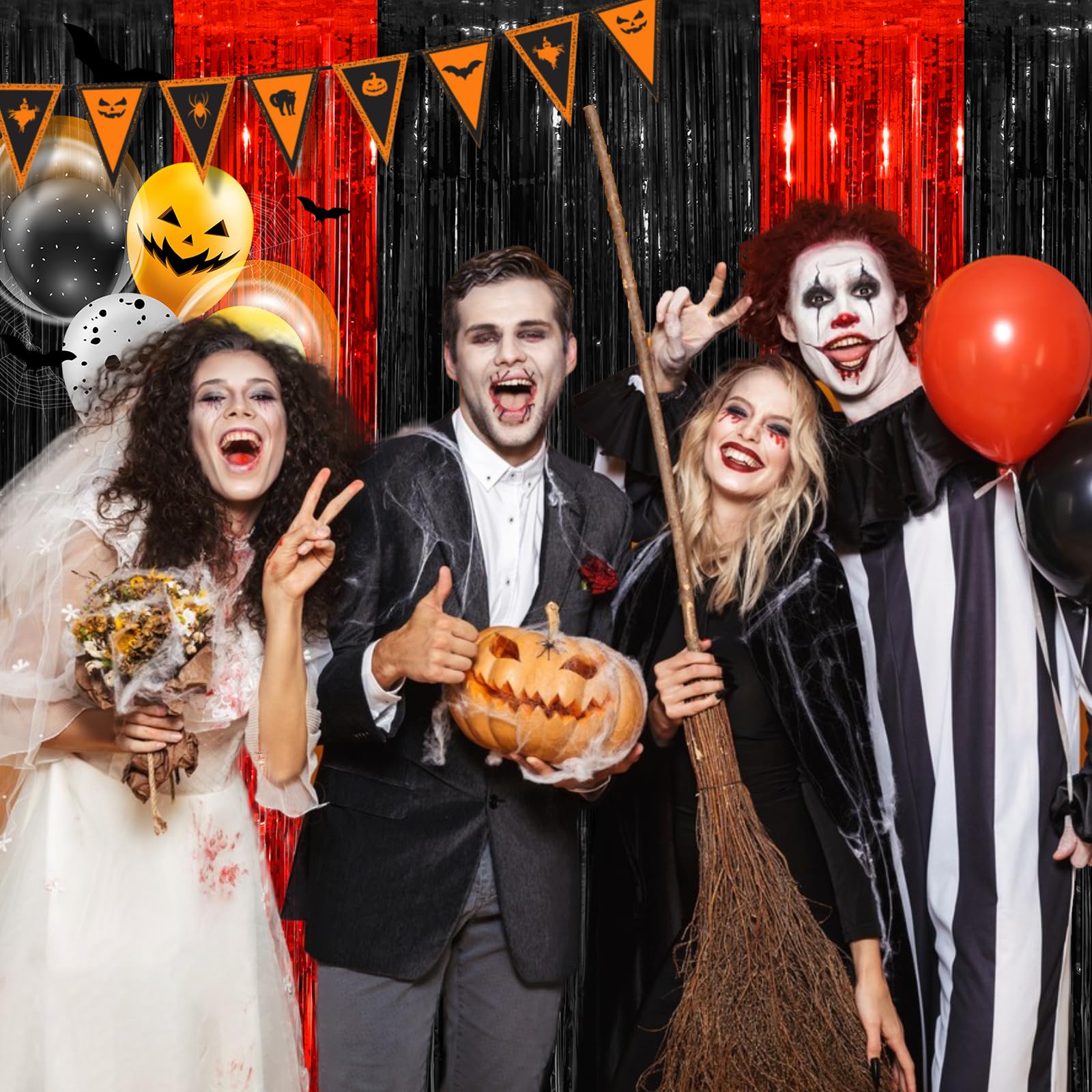 Black Red Tinsel Foil Fringe Curtains, 2 Pack 3.3X8.3 Feet Party Streamer Curtains For Birthday Party Decorations, Halloween Dec