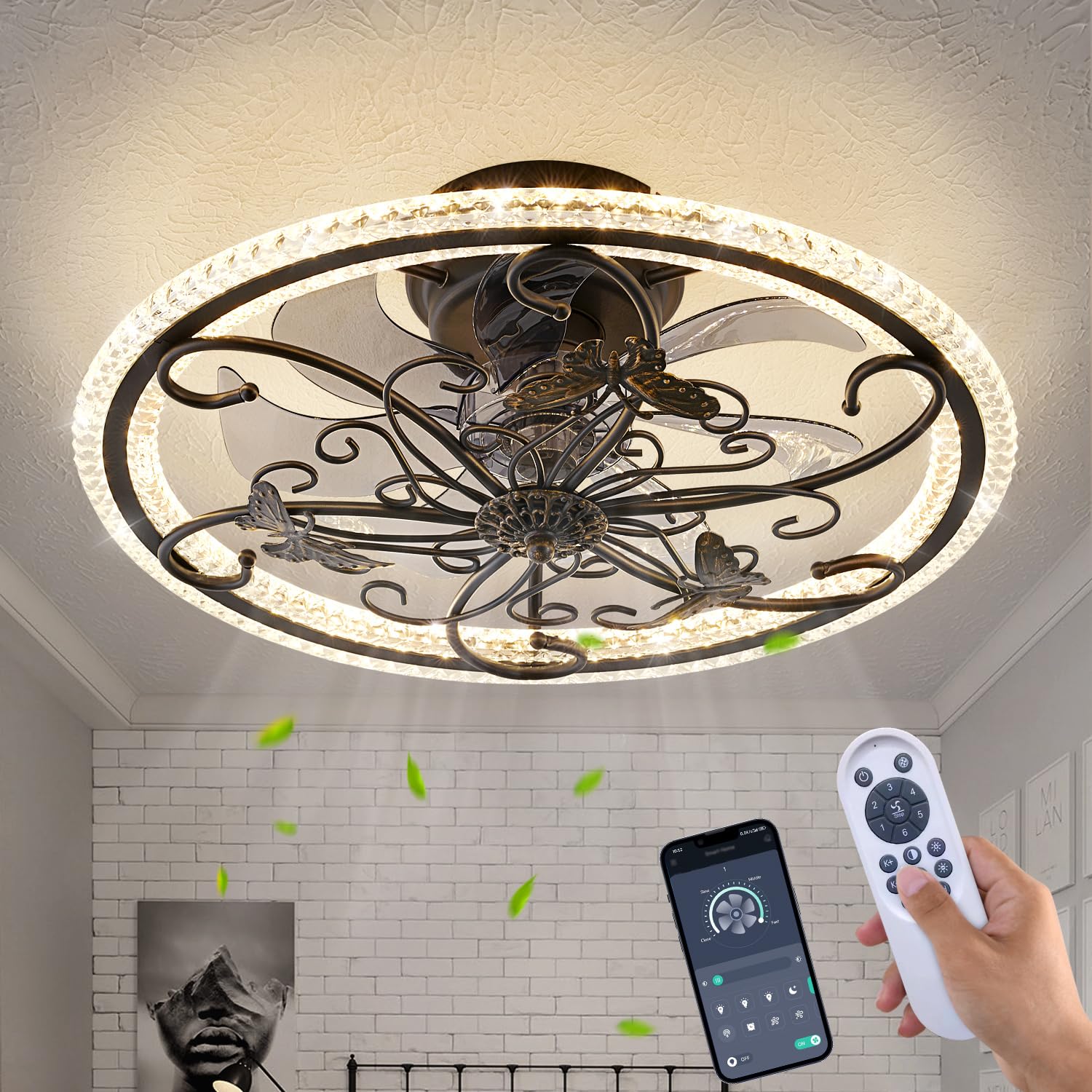 HuixuTe Ceiling Fan with Lights Remote Control, 6 Speeds Retro Black Industrial Ceiling Fan, Caged Ceiling Fan with Light for Ki