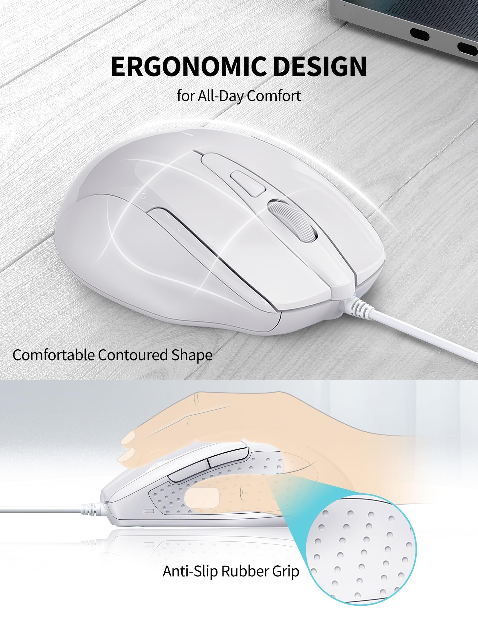Tecknet Usb Wired Mouse, 6 Button Corded Mouse With 4 Adjustable Dpi, Optical Computer Mouse With Ergonomic Design And 5Ft Cord For Laptop, Chromebook, Pc, Desktop, Mac, Notebook Lt.White