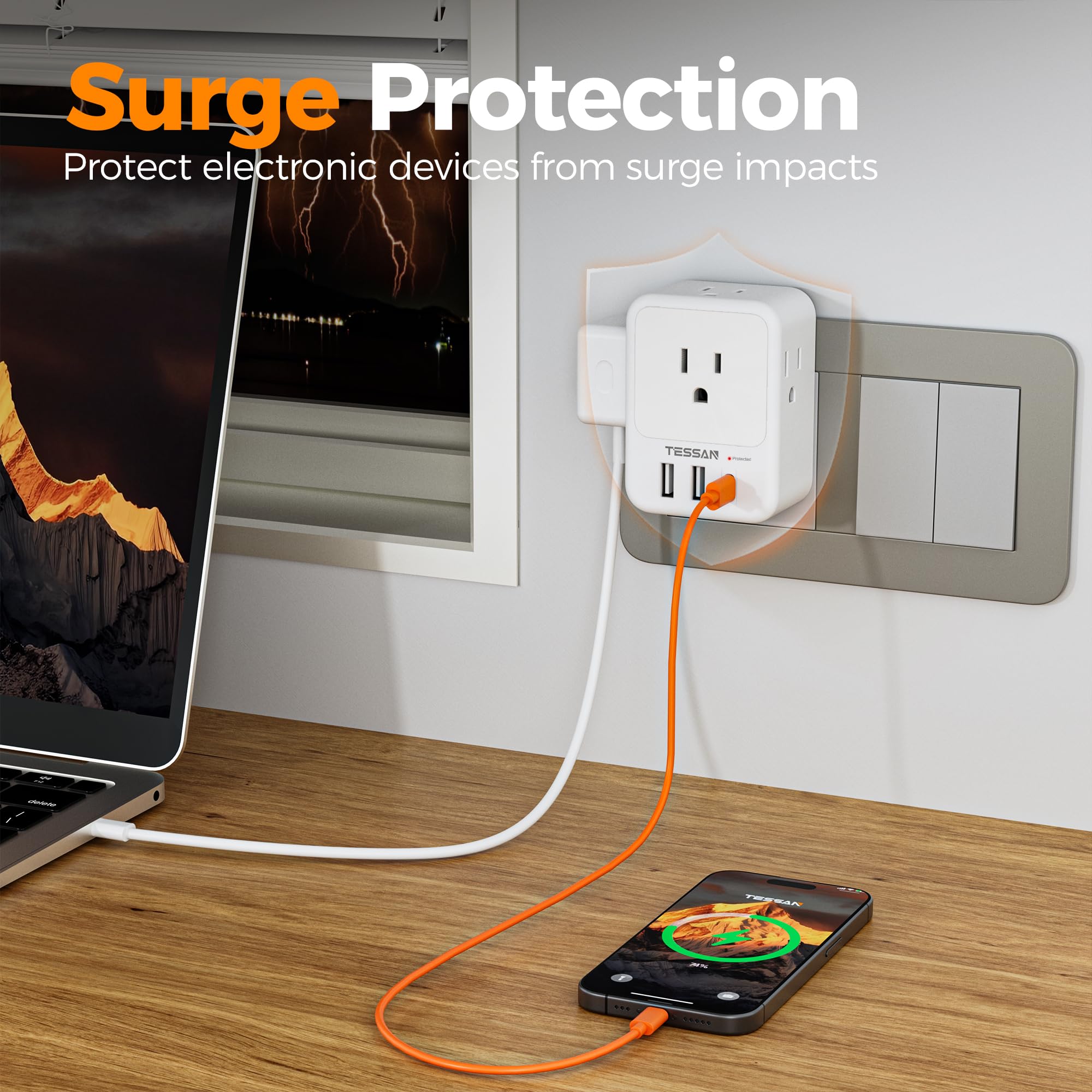 Usb C Charger Block, Tessan Outlet Extender Surge Protector With 3 Usb Ports (1 Usb C), 4 Ac Multi Plug Wall Outlet, 4 Sided Usb