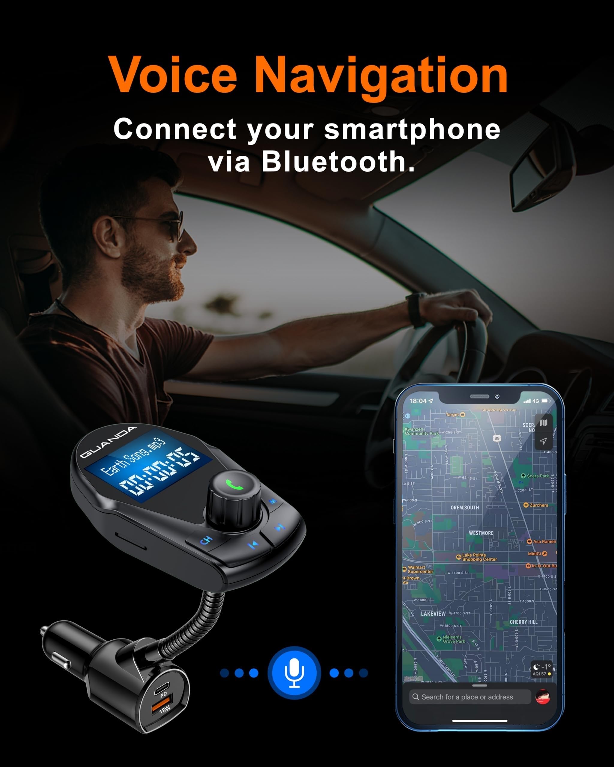 Bluetooth Transmitter Car Bluetooth Adapter, Fm Transmitter Wireless Radio Adapter Kit 1.44'' Display, Mp3 Music Player, Pd 30W